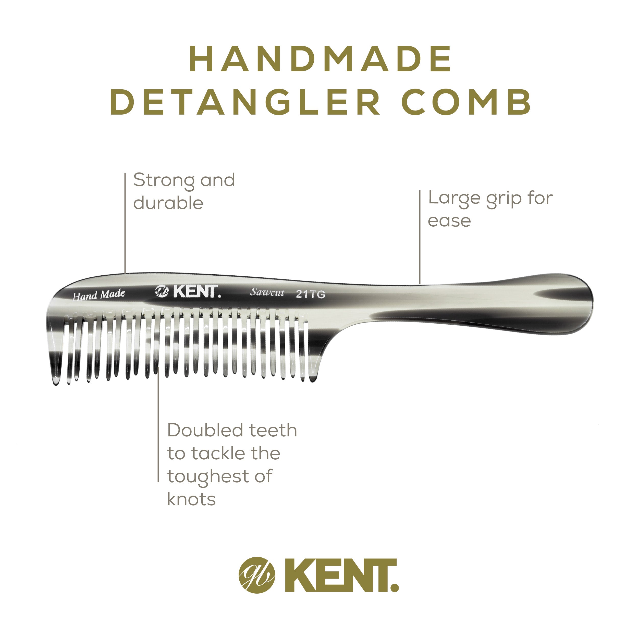 7.8" Handmade Double Row Wide Tooth Detangle Comb with Handle