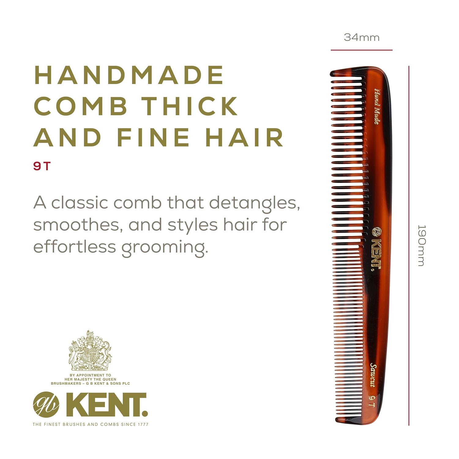 7.5" Handmade Fine and Wide Tooth Tapered Dressing Comb