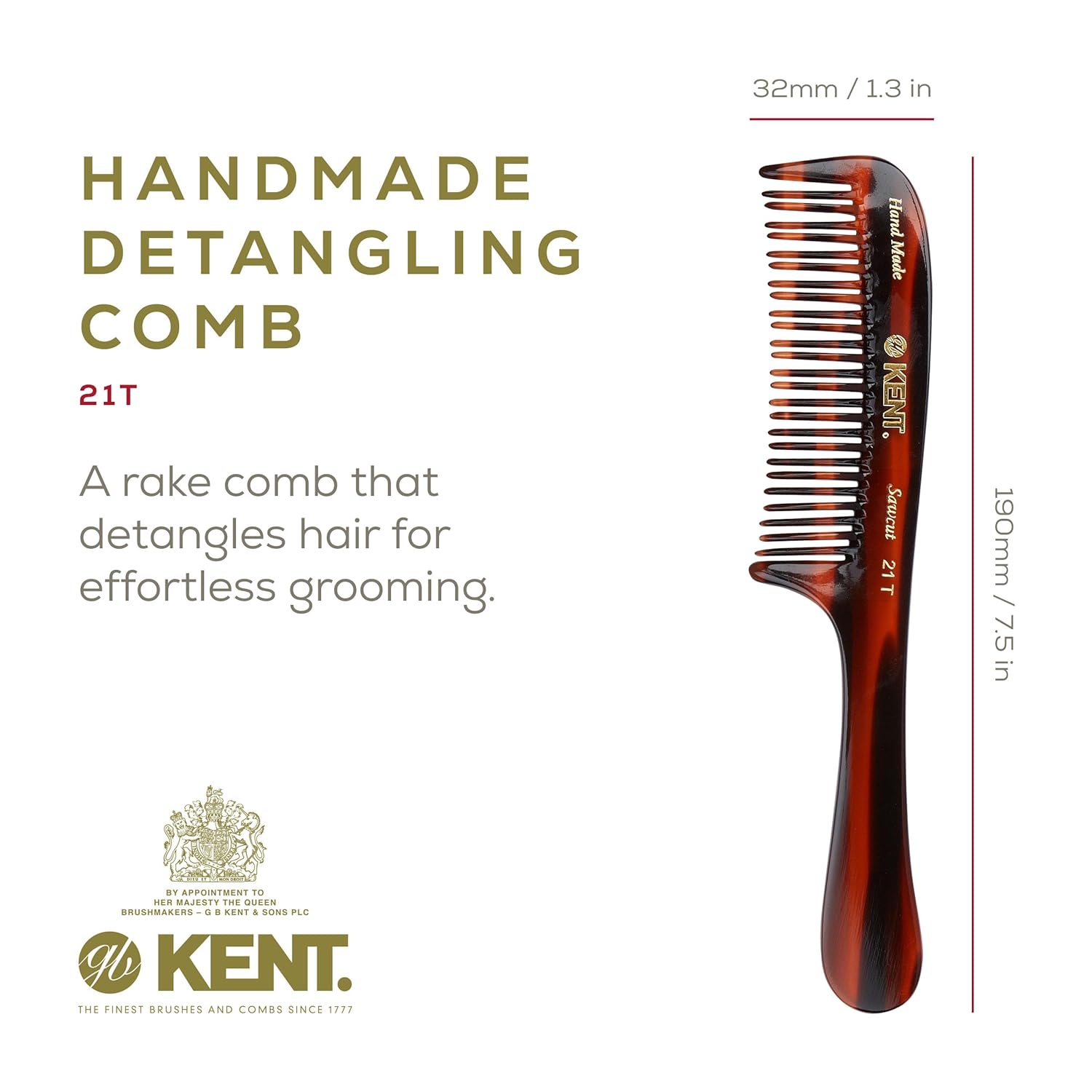 7.8" Handmade Double Row Wide Tooth Detangle Comb with Handle