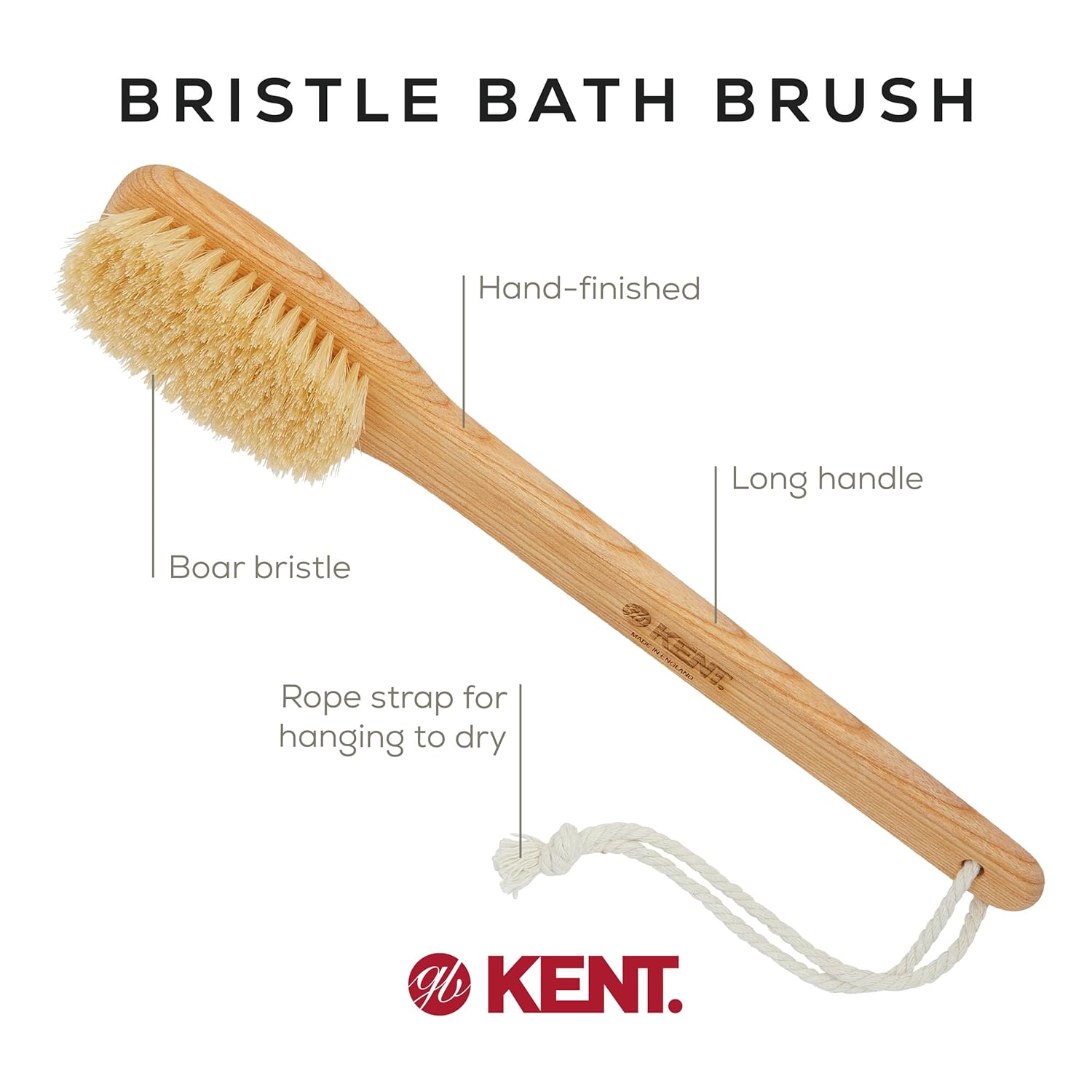 White Boar Bristle Body Scrubbing Shower Brush with Handle