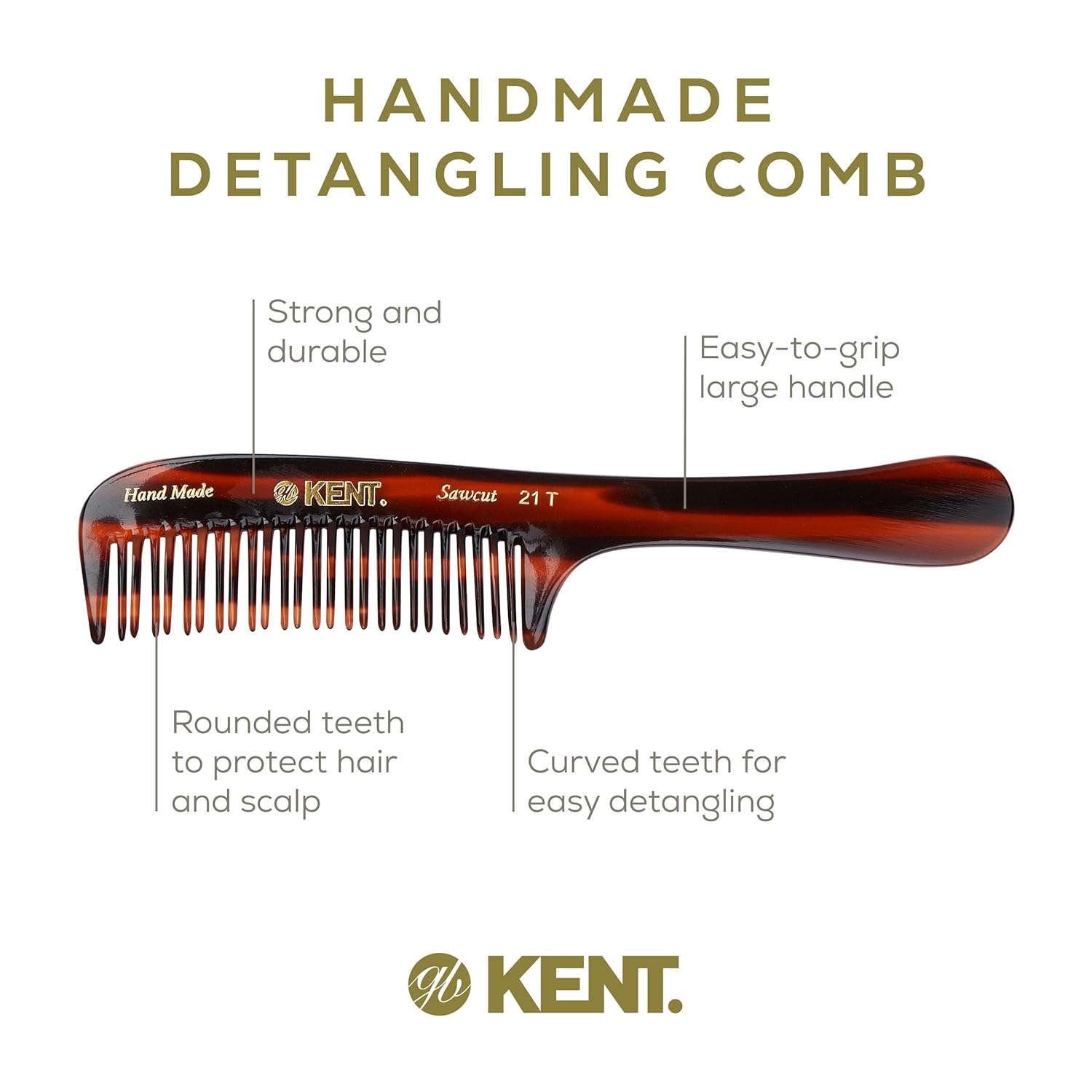 7.8" Handmade Double Row Wide Tooth Detangle Comb with Handle