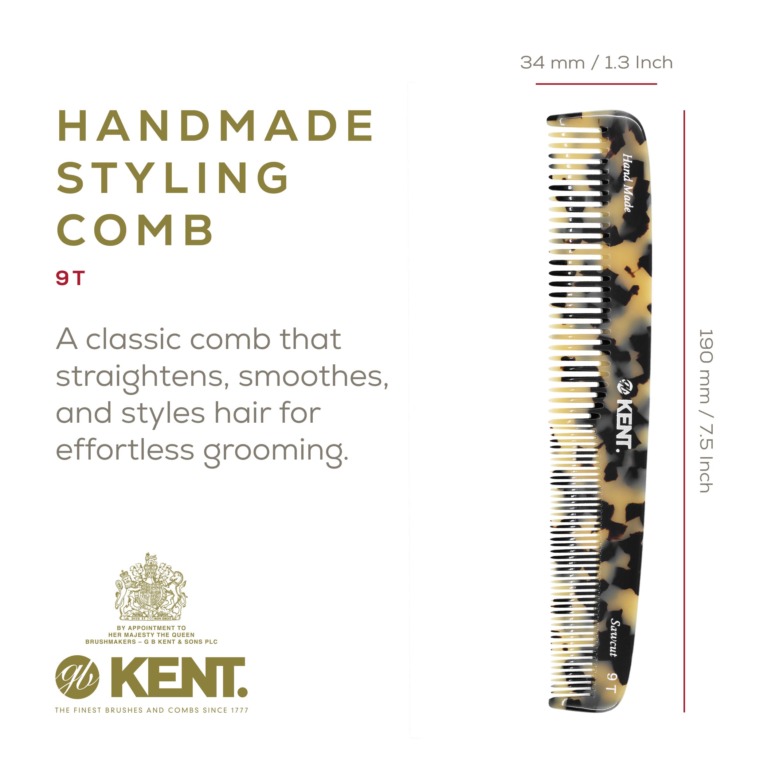 7.5" Handmade Fine and Wide Tooth Tapered Dressing Comb