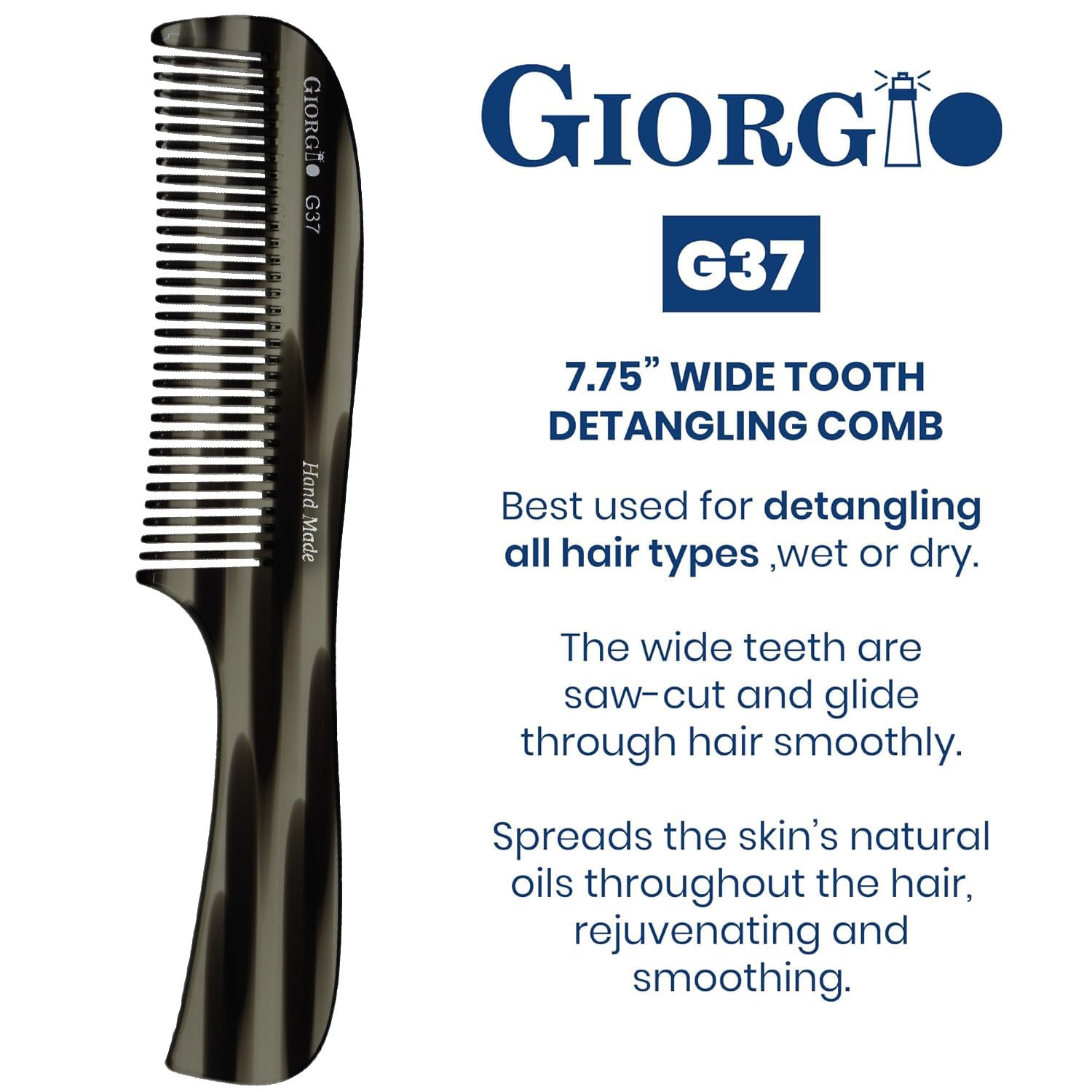 7.75" Handmade Wide Tooth Detangling Comb with Handle