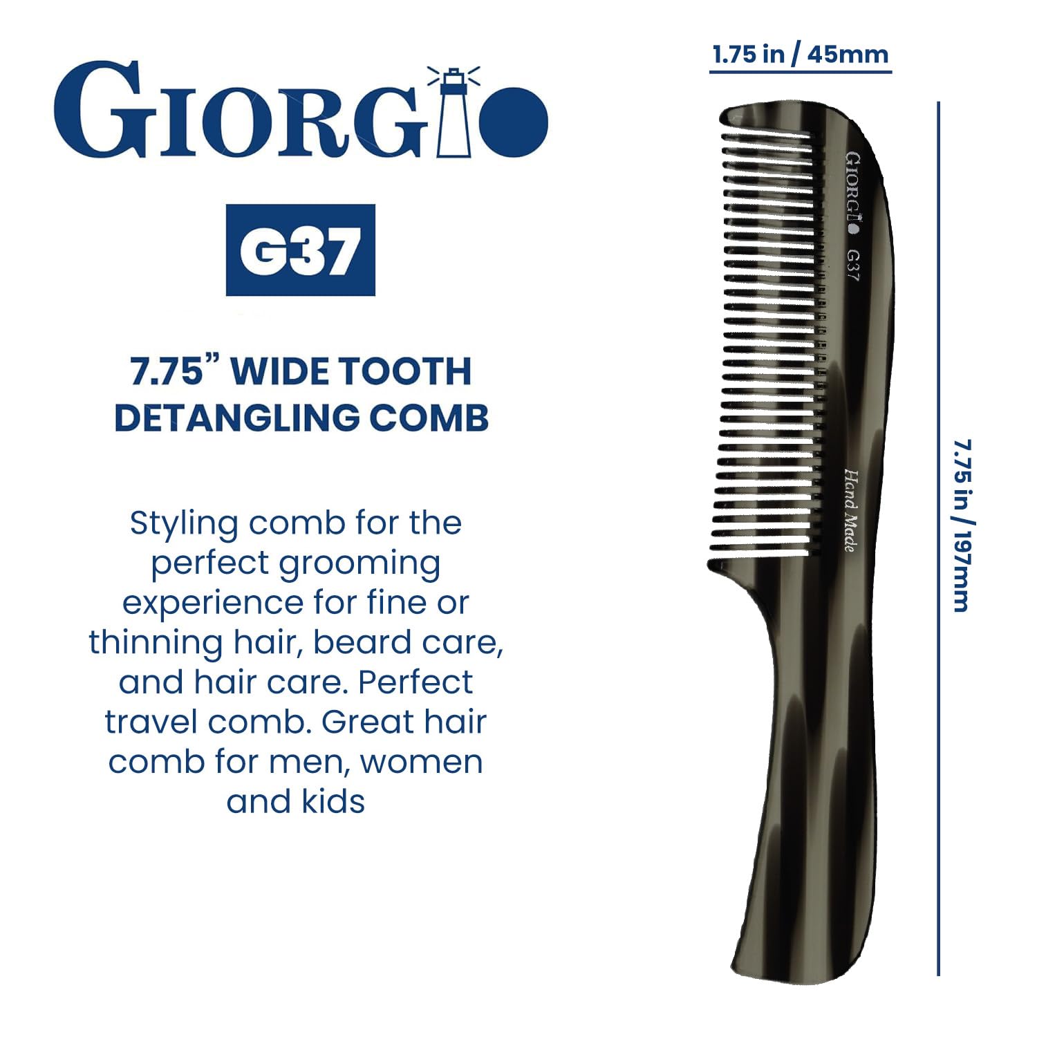 7.75" Handmade Wide Tooth Detangling Comb with Handle