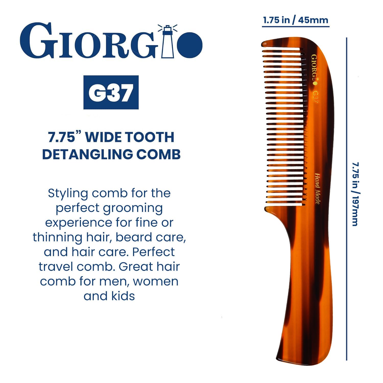 7.75" Handmade Wide Tooth Detangling Comb with Handle