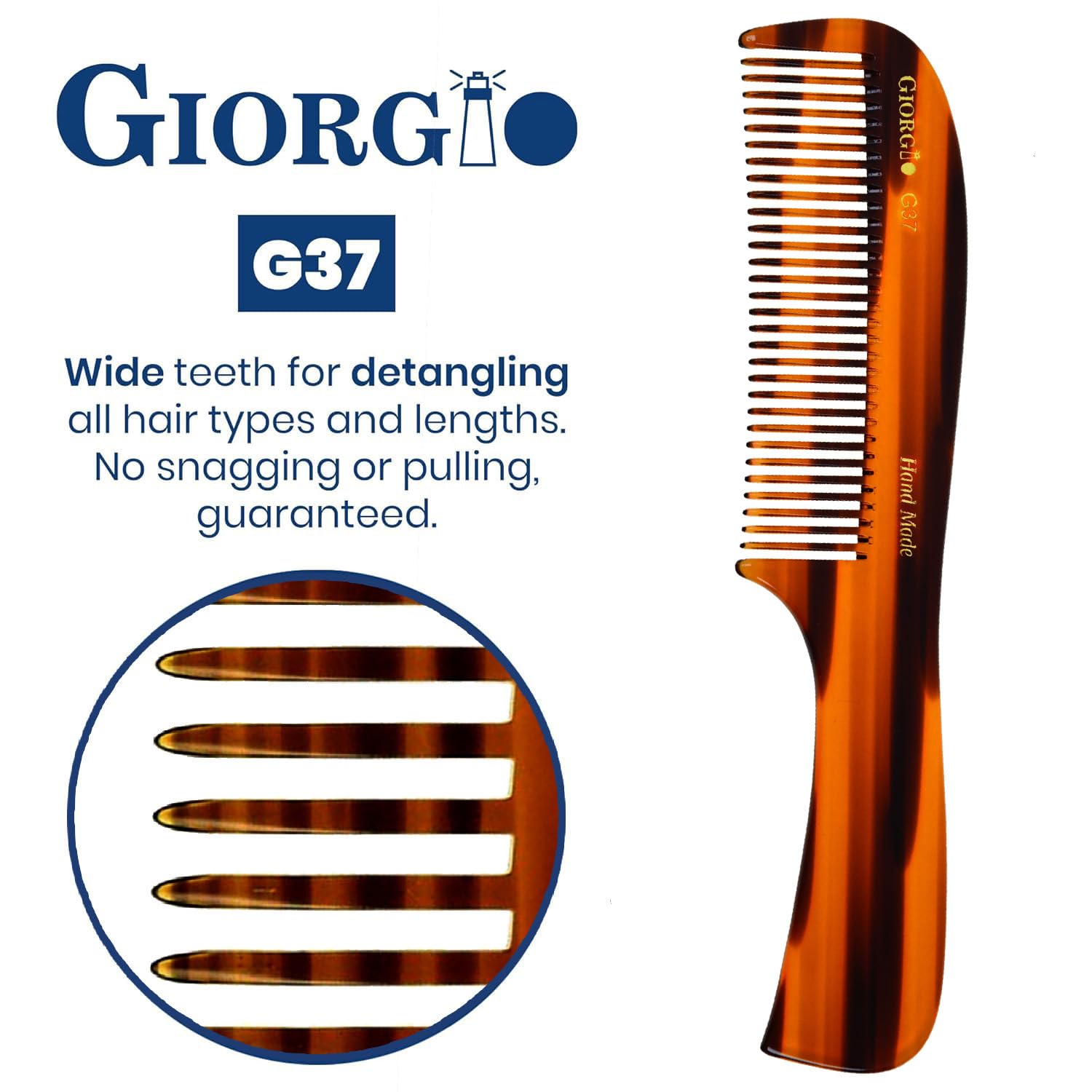 7.75" Handmade Wide Tooth Detangling Comb with Handle