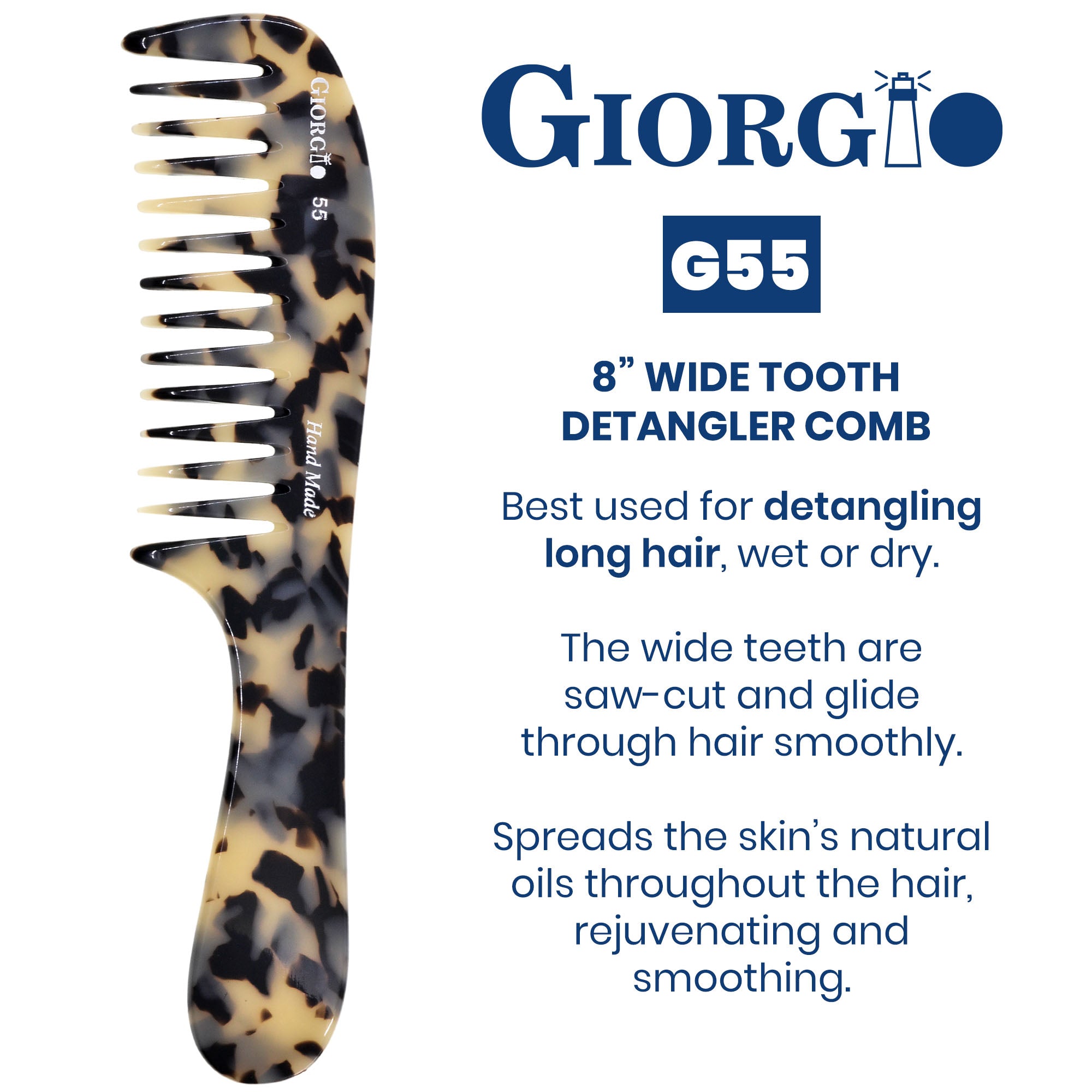 8" Handmade Wide Tooth Detangling Comb with Handle