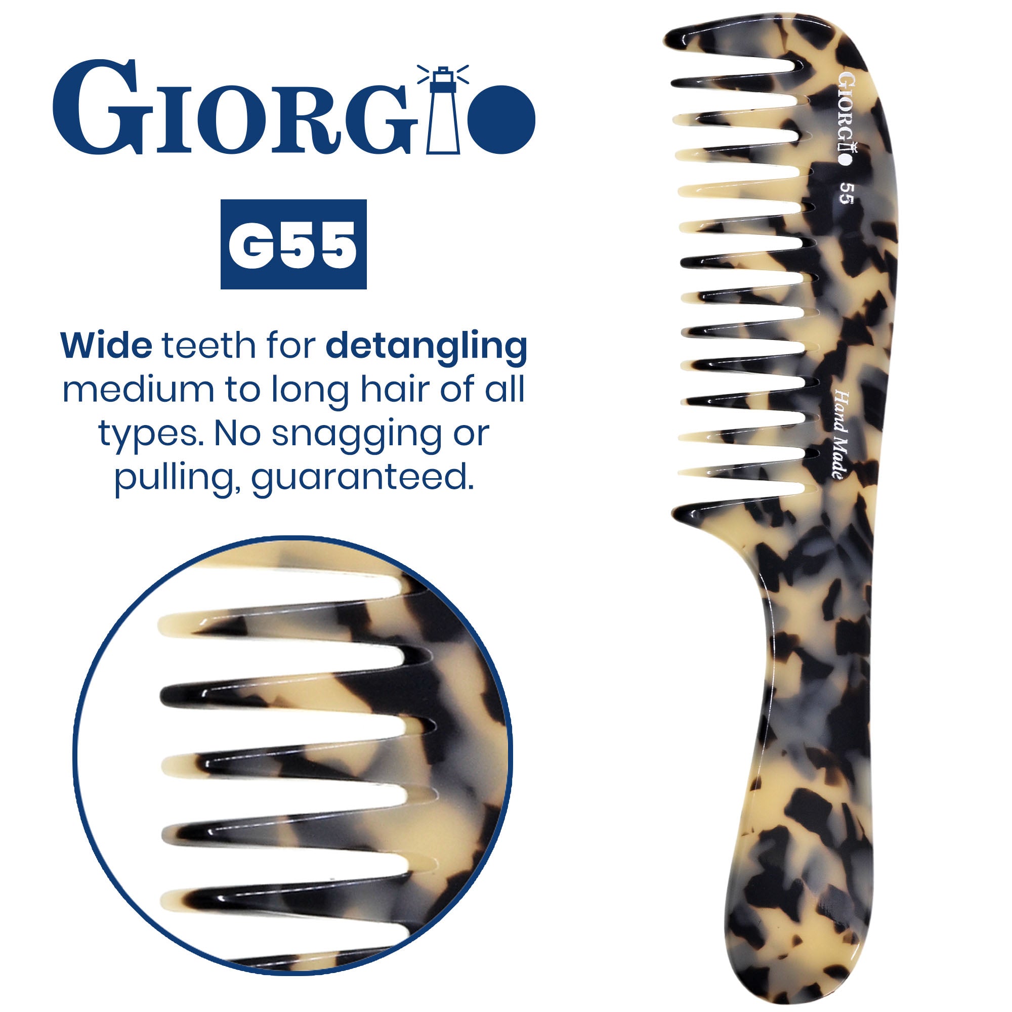 8" Handmade Wide Tooth Detangling Comb with Handle