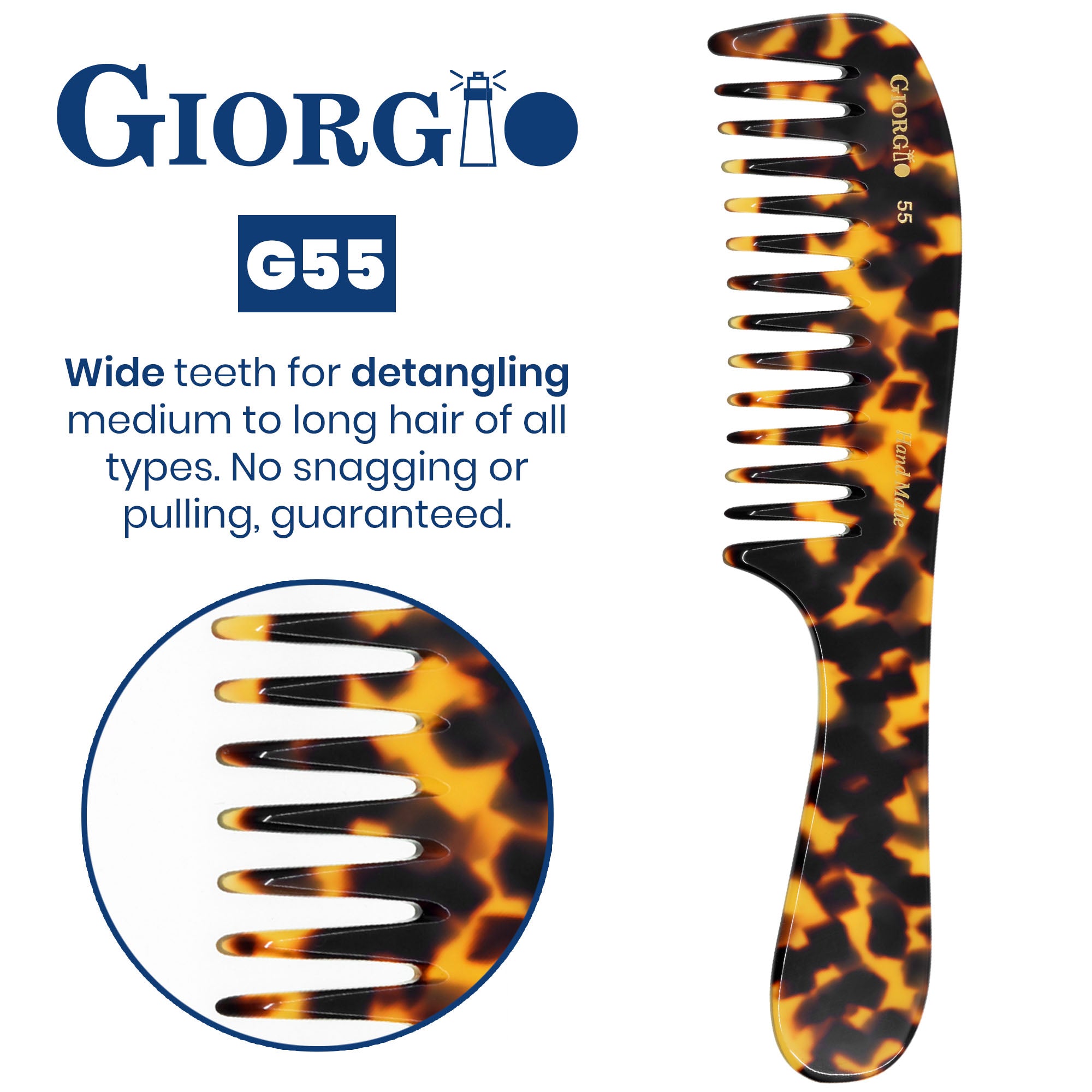 8" Handmade Wide Tooth Detangling Comb with Handle