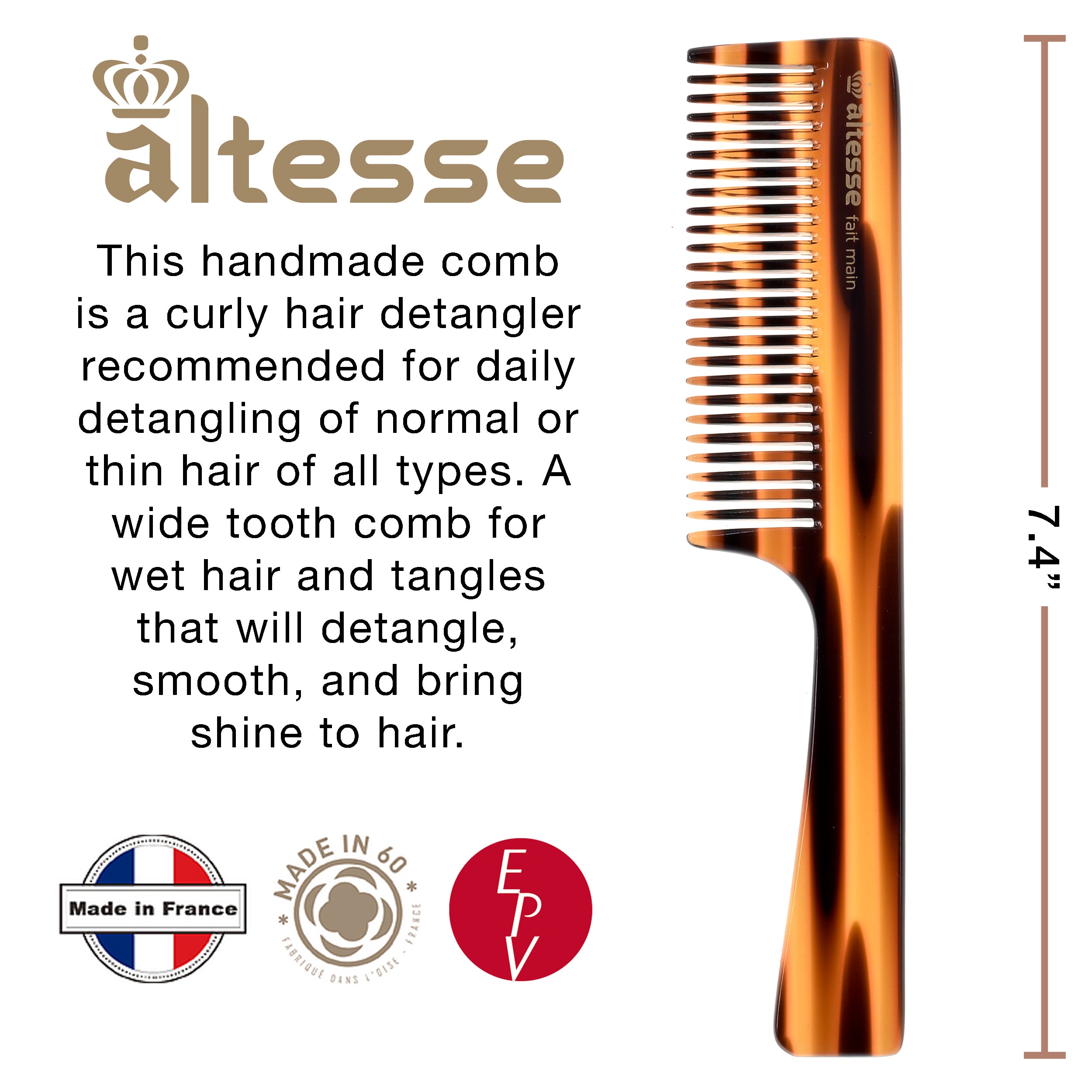 Altesse Wide Tooth Detangler Comb with Comfortable Handle (7.4")
