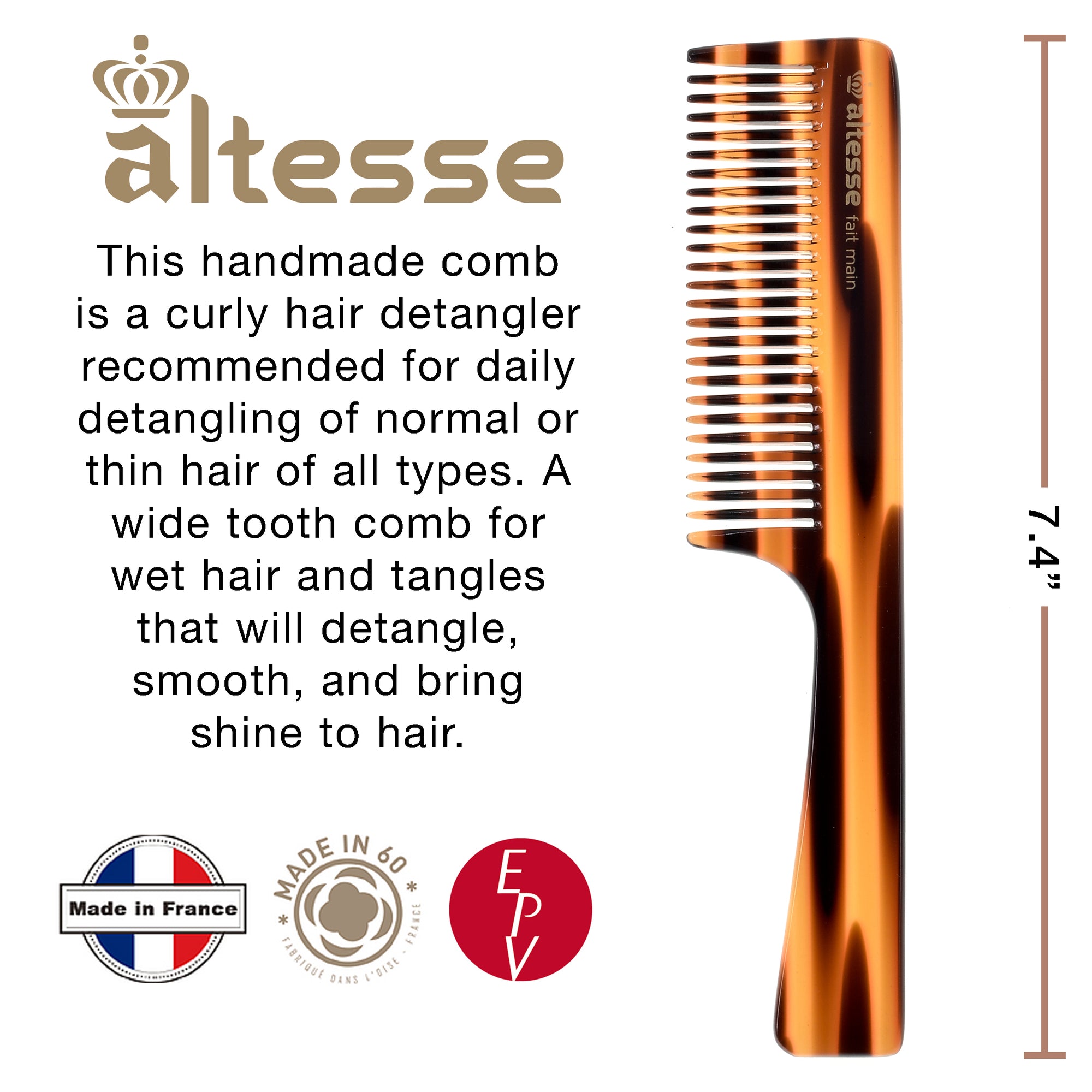 Altesse Wide Tooth Detangler Comb with Comfortable Handle (7.4")