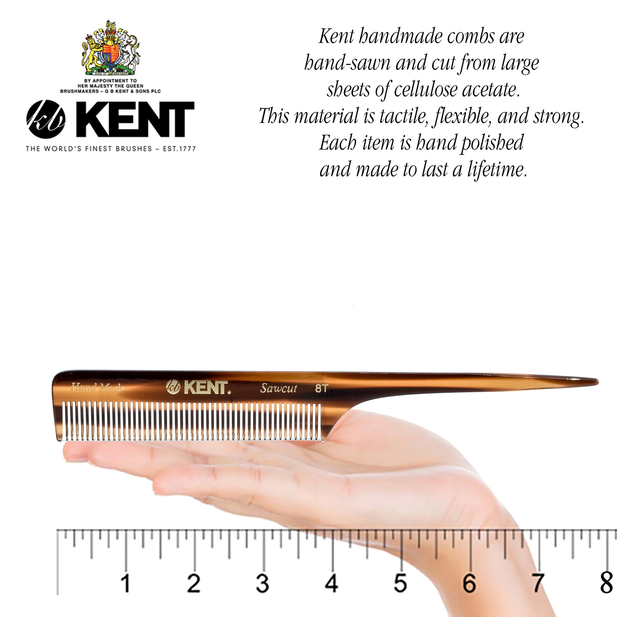 Kent 8T 8 Inch Handmade Fine Tooth Rat Tail Comb for Sectioning / Pick