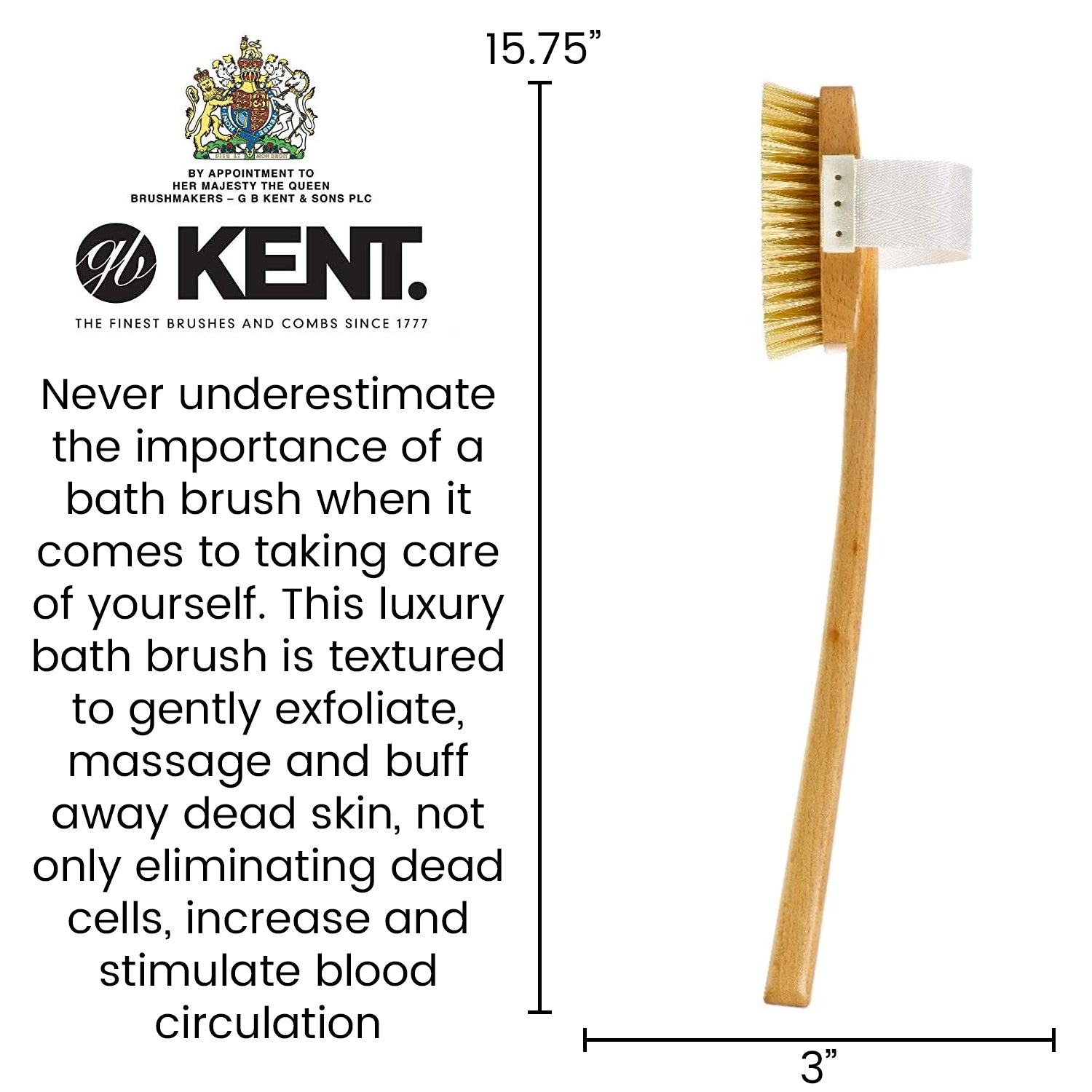 Kent Beechwood Body Scrubbing White Bristle Bath/Shower Brush with Detachable Head