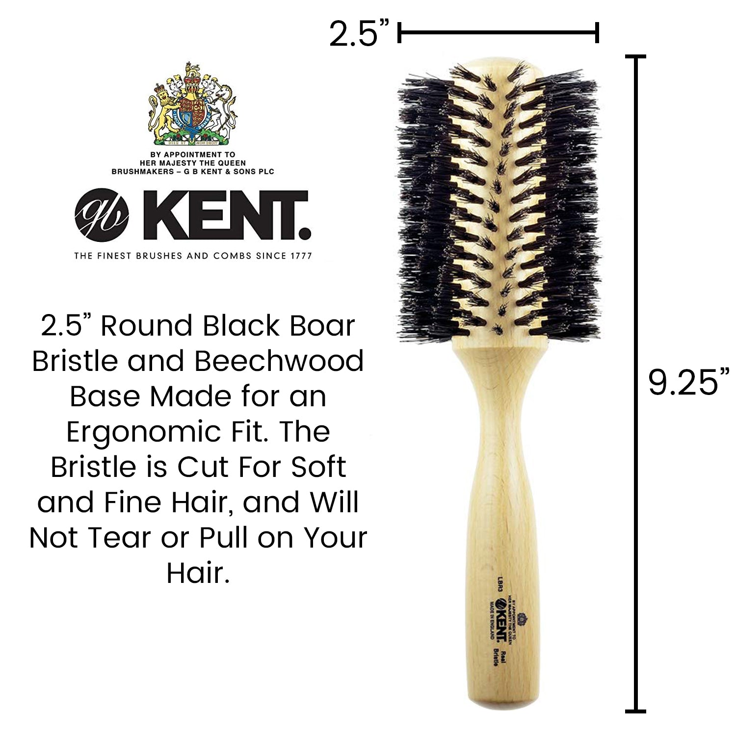 Kent 75mm Large Round Spiraled Pure Black Bristle Hair Brush