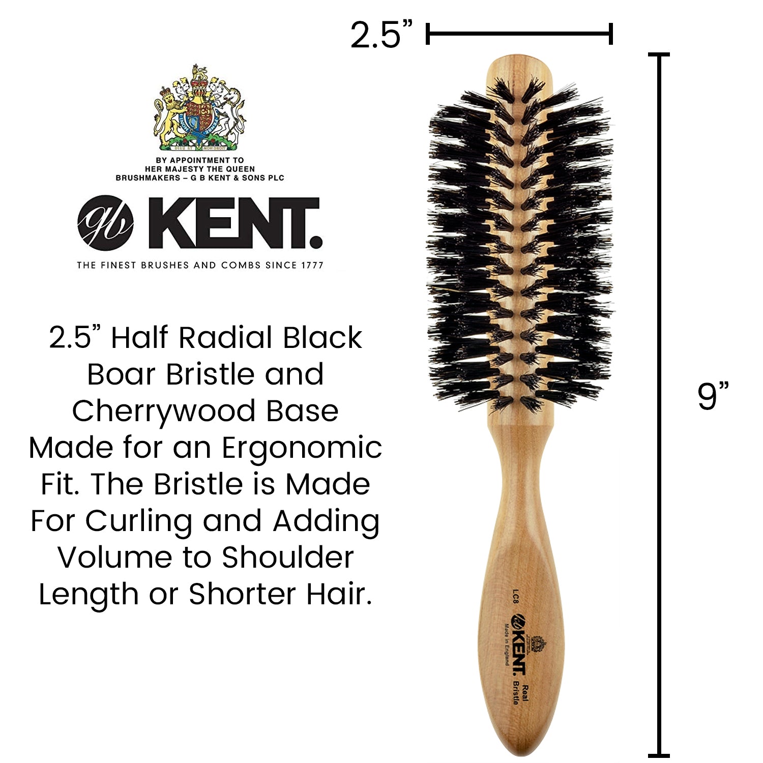 Kent LC8 65mm Half Round Cherry Wood Black Bristle Hair Brush