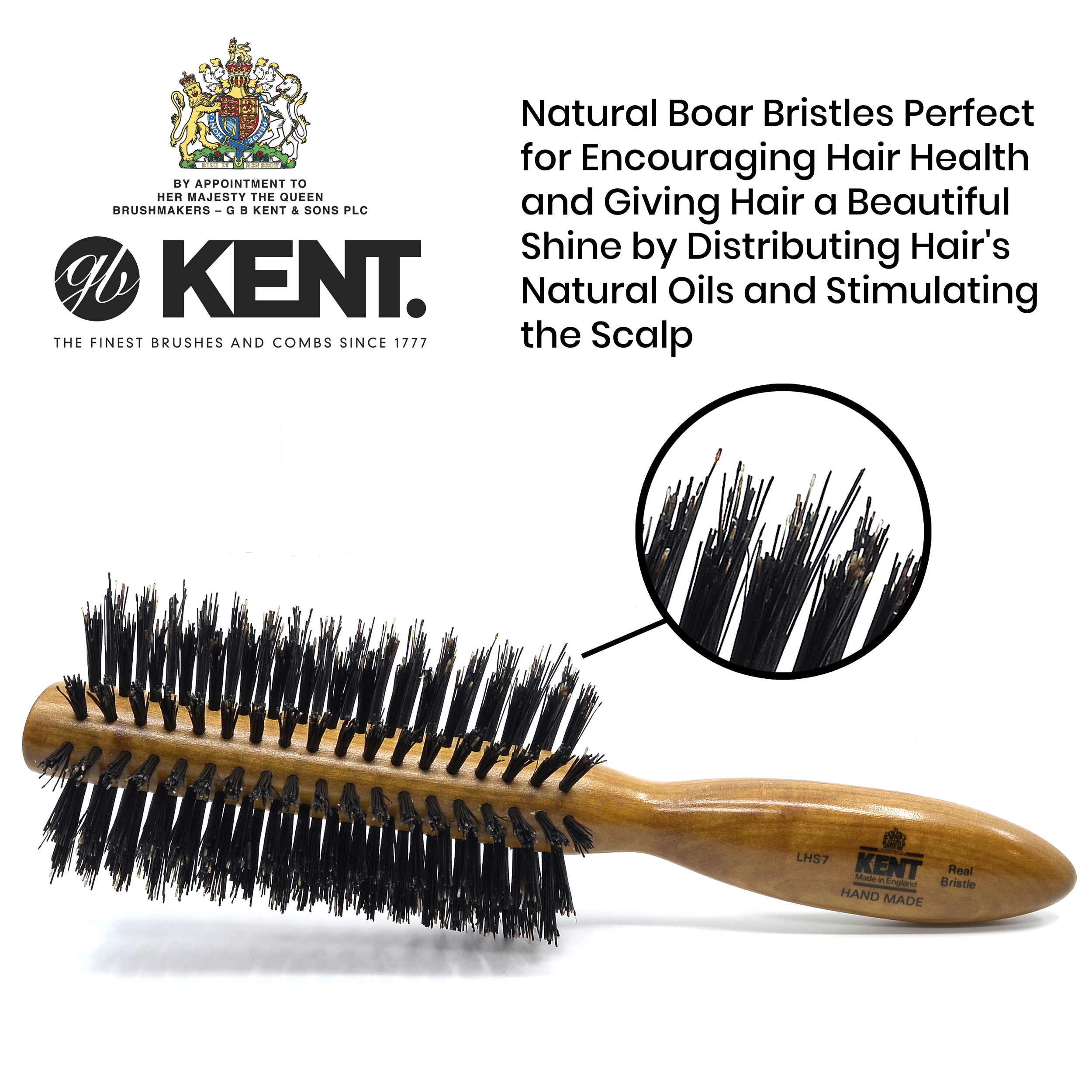Kent LHS7 Handmade Half Radial, Satin Wood Pure Bristle Hair Brush