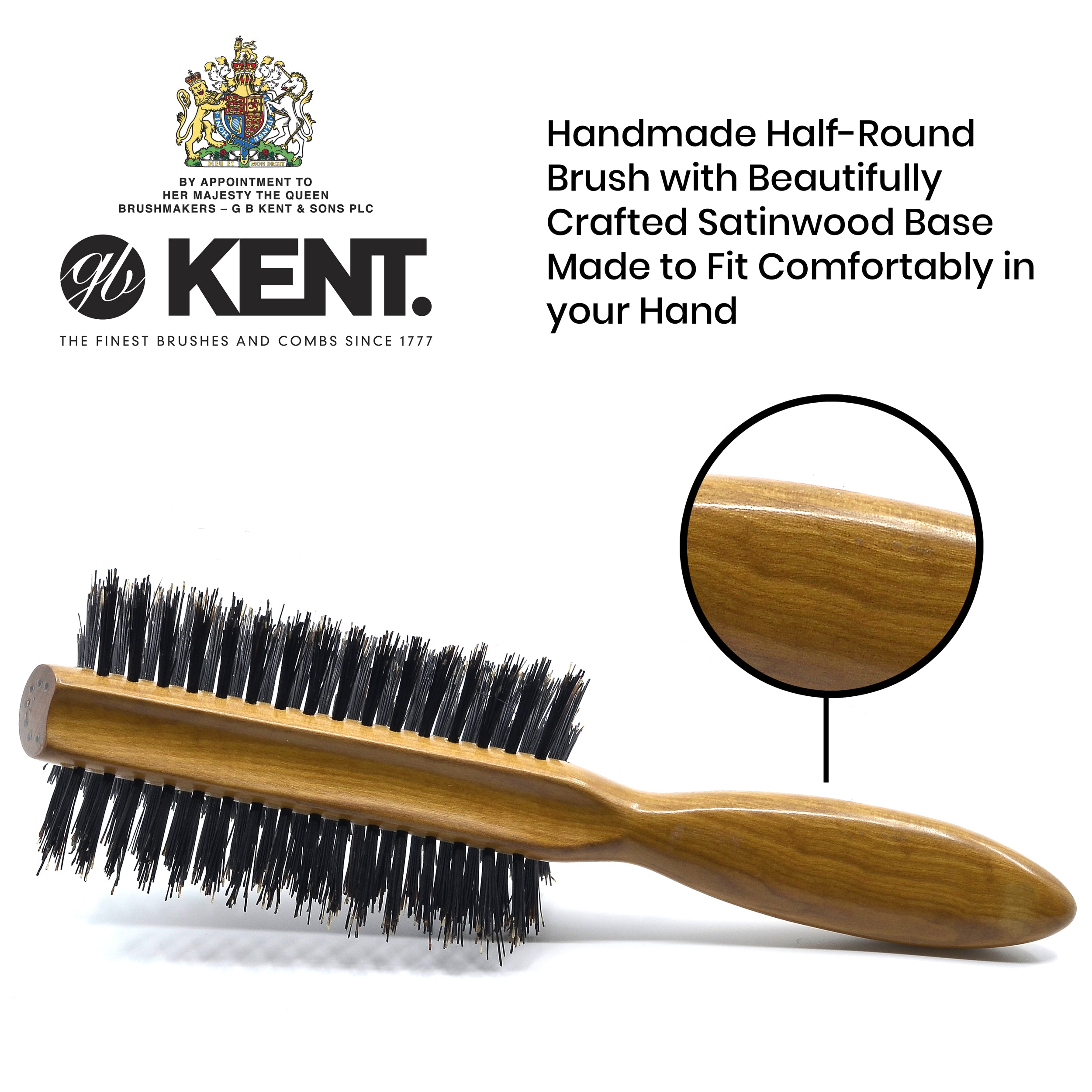 Kent LHS7 Handmade Half Radial, Satin Wood Pure Bristle Hair Brush