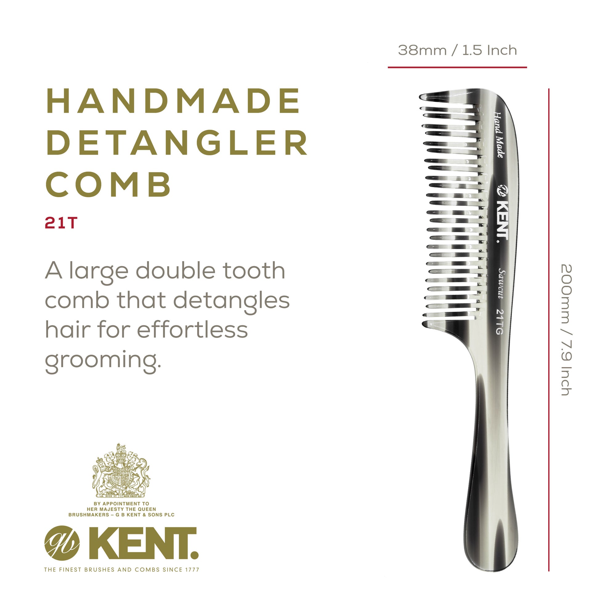 7.8" Handmade Double Row Wide Tooth Detangle Comb with Handle