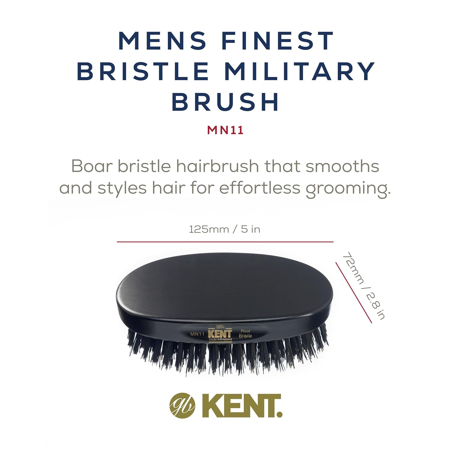 Kent MN11 Oval Men's Club Hair Brush Ebony Wood. Pure Black