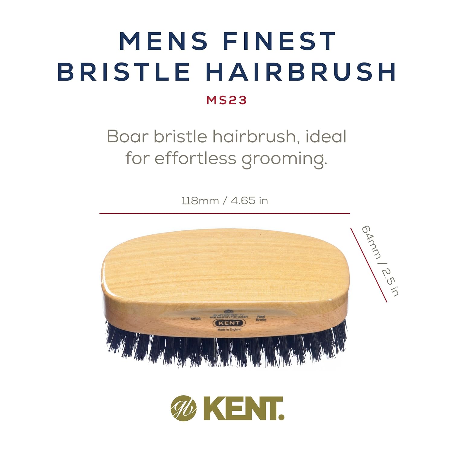 Kent MS23 Men's Rectangular Military Hair Brush. Pure Black Bristles.