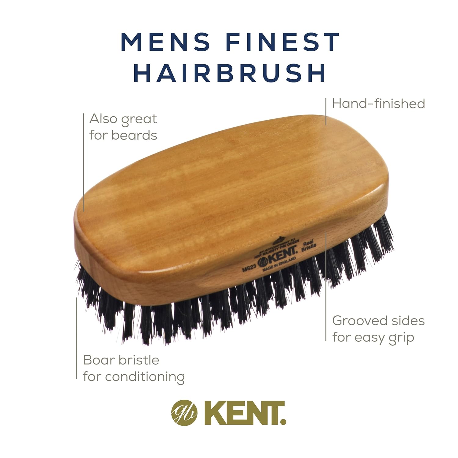 Kent MS23 Men's Rectangular Military Hair Brush. Pure Black Bristles.