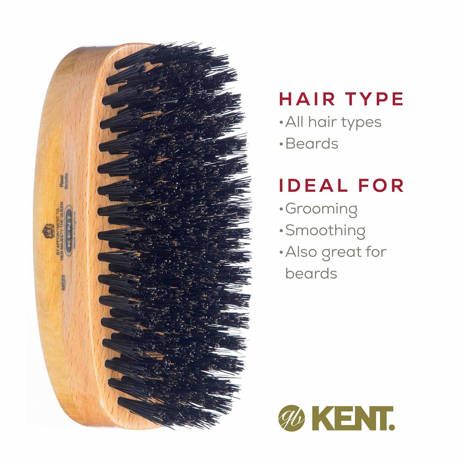 Kent MS23 Men's Rectangular Military Hair Brush. Pure Black Bristles.