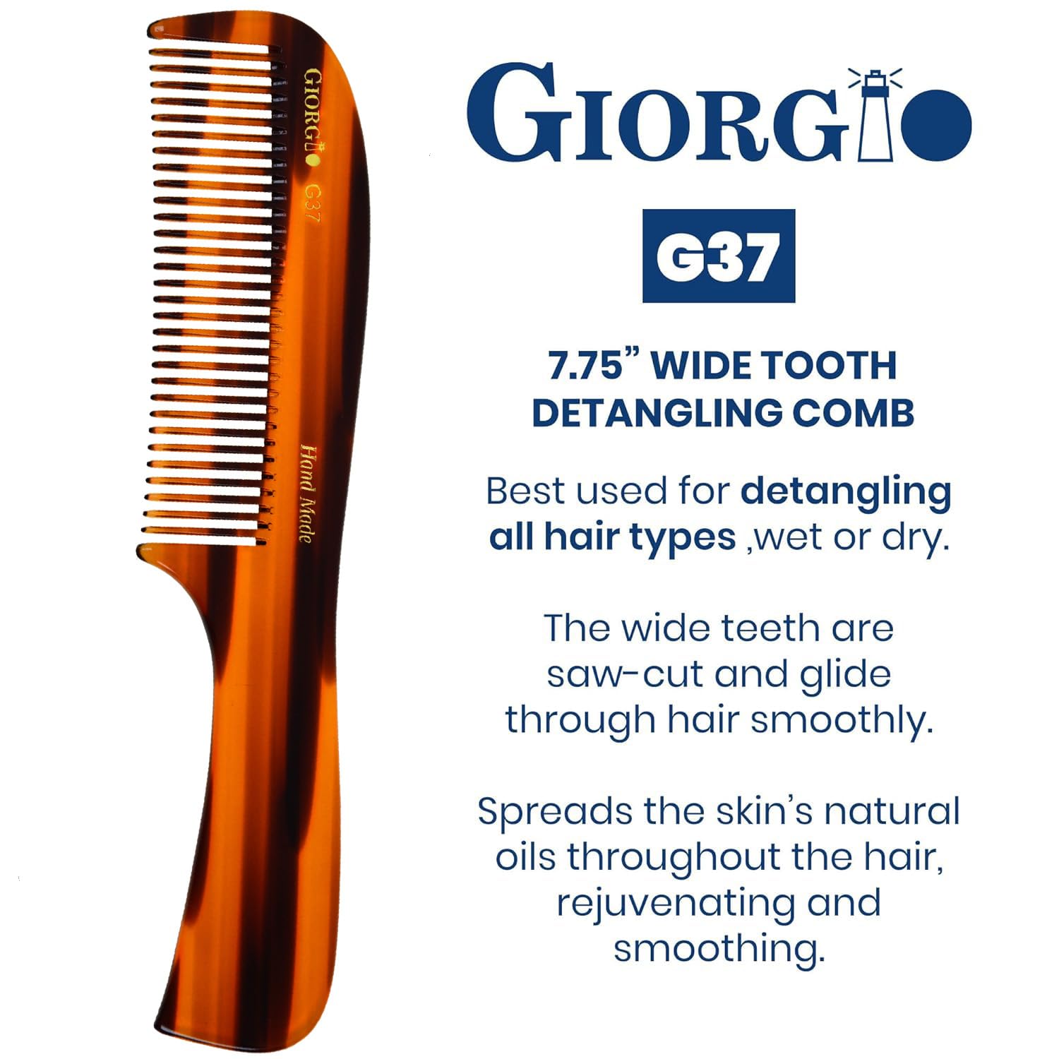 7.75" Handmade Wide Tooth Detangling Comb with Handle