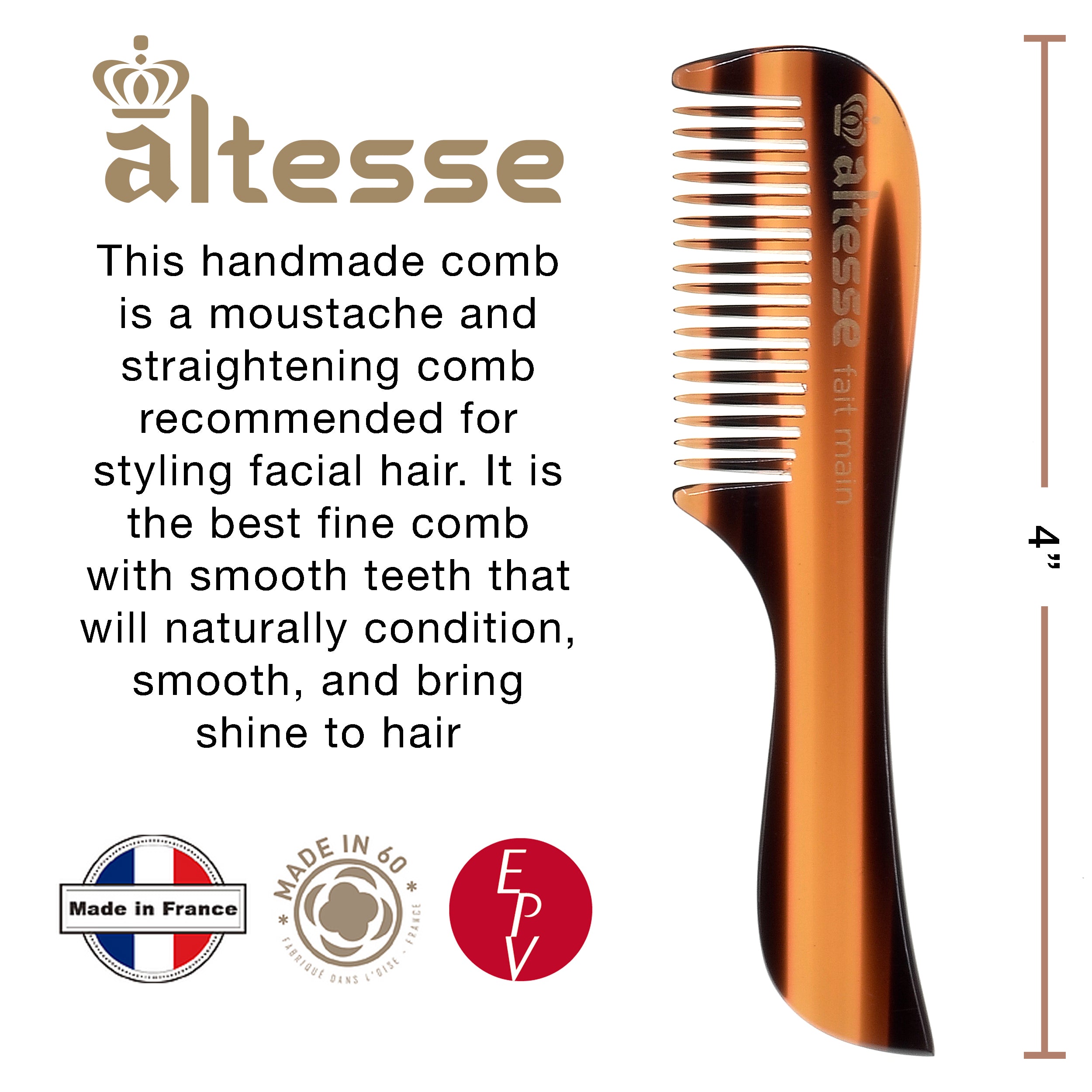 Altesse Small Fine Tooth Tortoiseshell Mustache Comb (4")