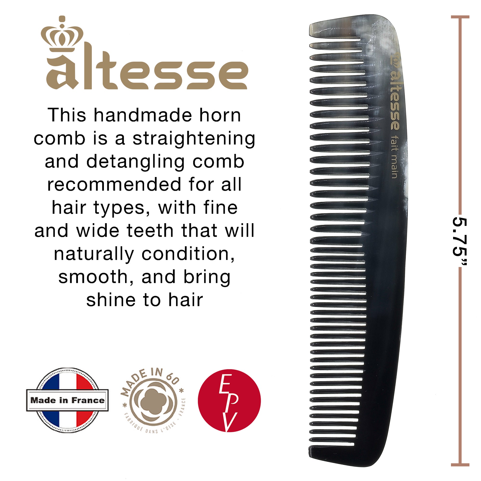 Altesse Antistatic Horn Comb with Smooth Rounded Teeth Handmade in France