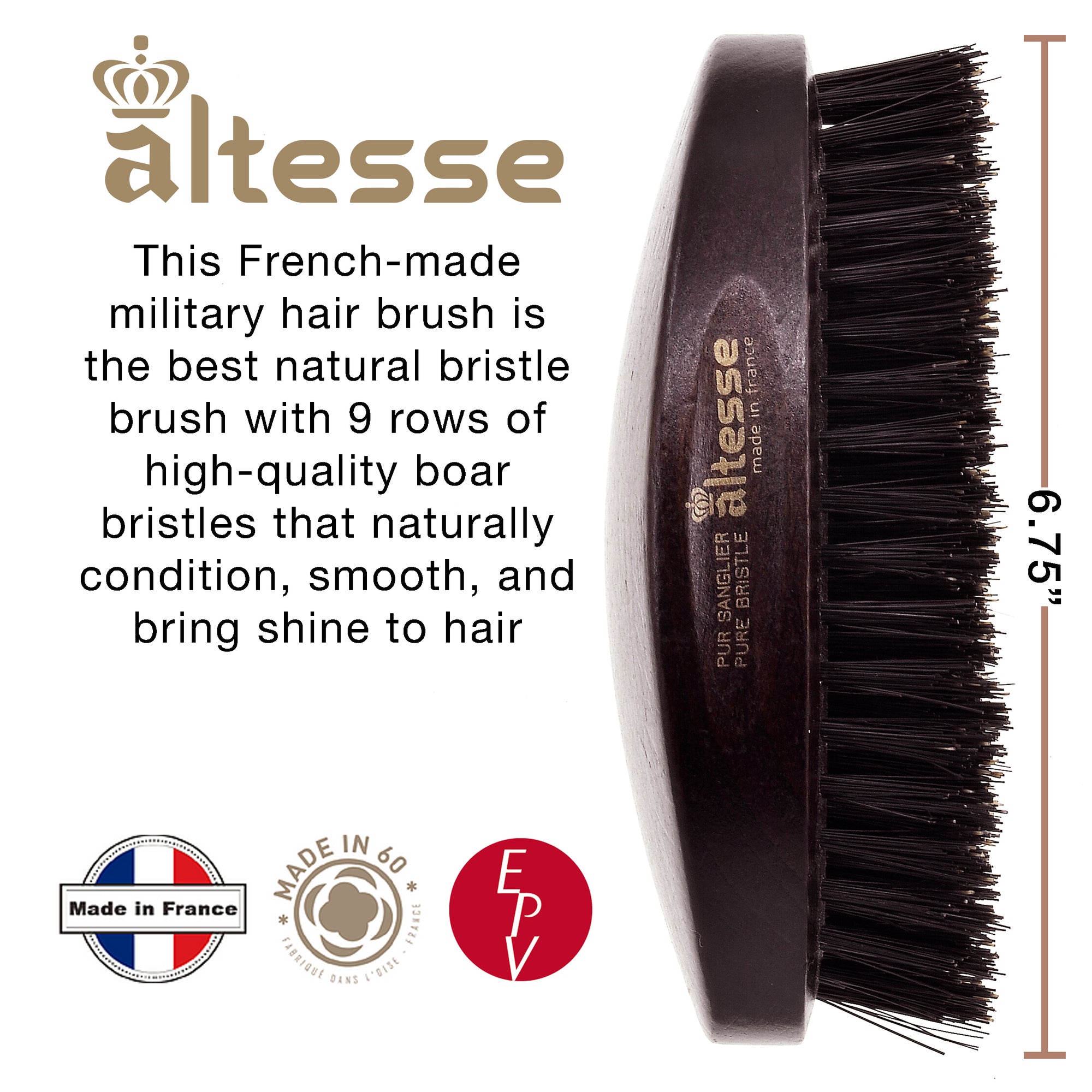 Altesse Military Boar Bristle Hair Brush for Hair, Beard, and Mustache