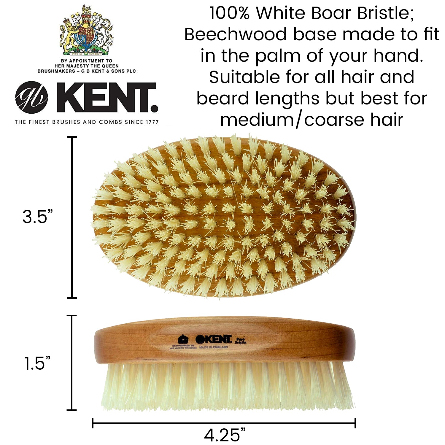 Kent BB Men's Oval White Bristle Military Hair Brush
