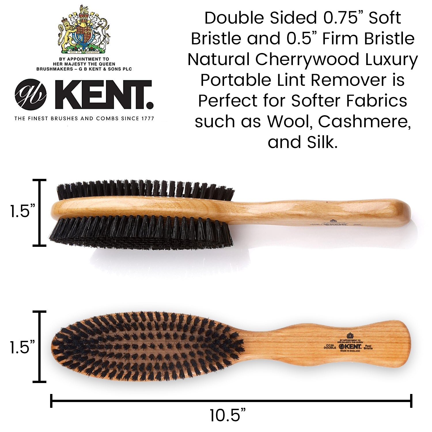 Kent CC20 10" Double Sided Stiff / Soft Natural Bristle Clothes Brush