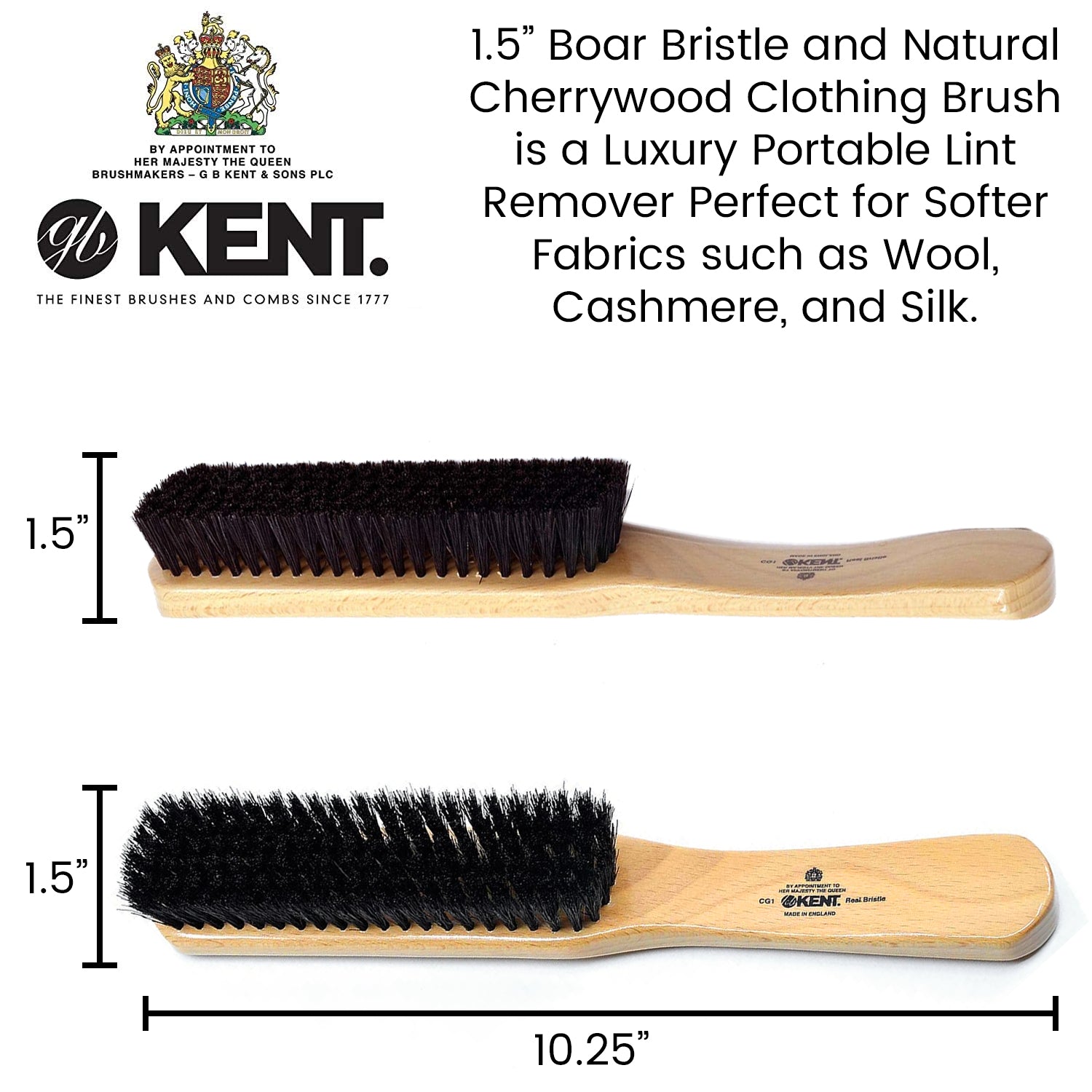 Kent CG1 Handcrafted Cherrywood 100% Black Bristle Clothes Brush