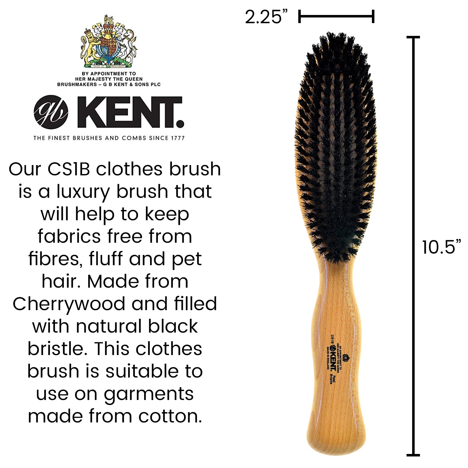 Kent CS1B Black Bristle Two Tone Cherrywood Veneer Lint Remover Clothes Brush