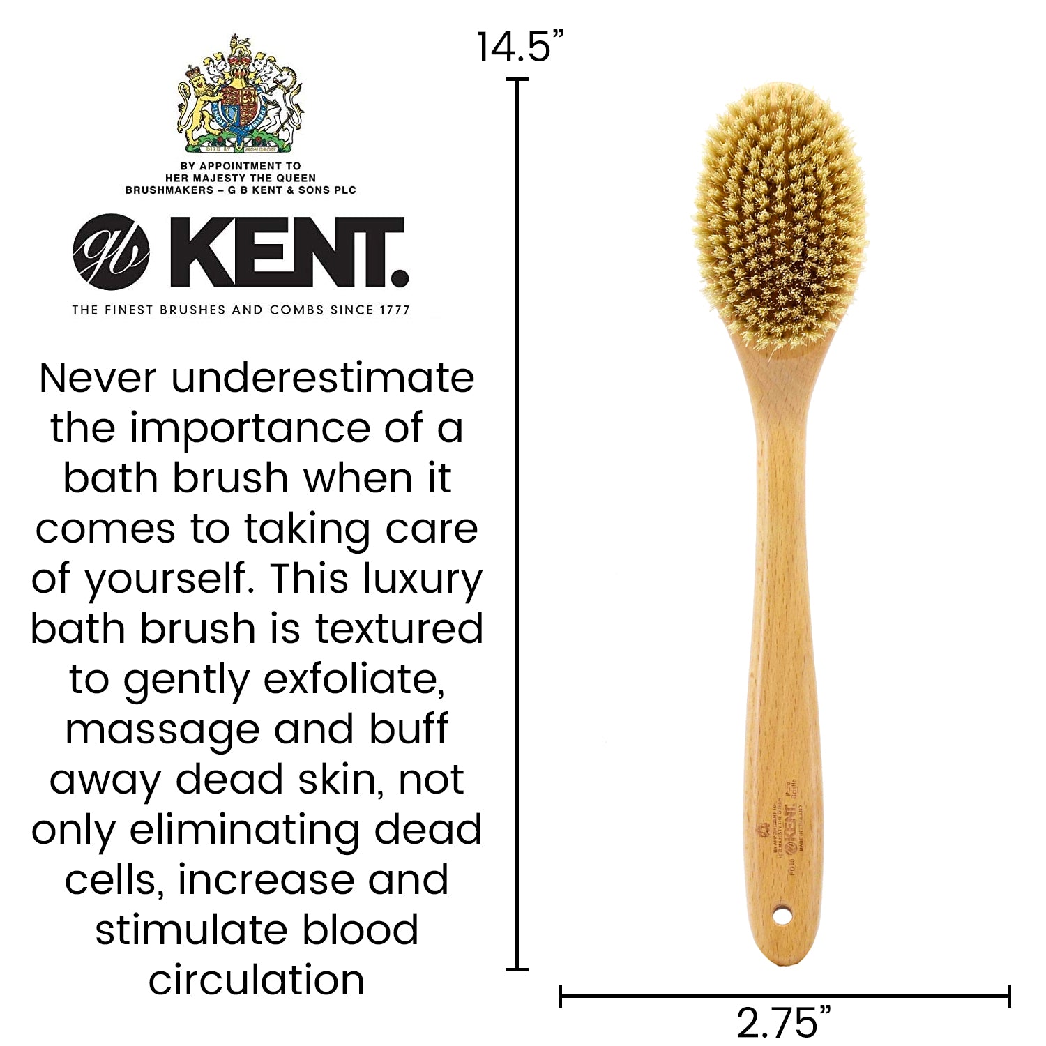 Kent Long Handle Beechwood Skin Exfoliating & Massage Shower Bath Body Brush