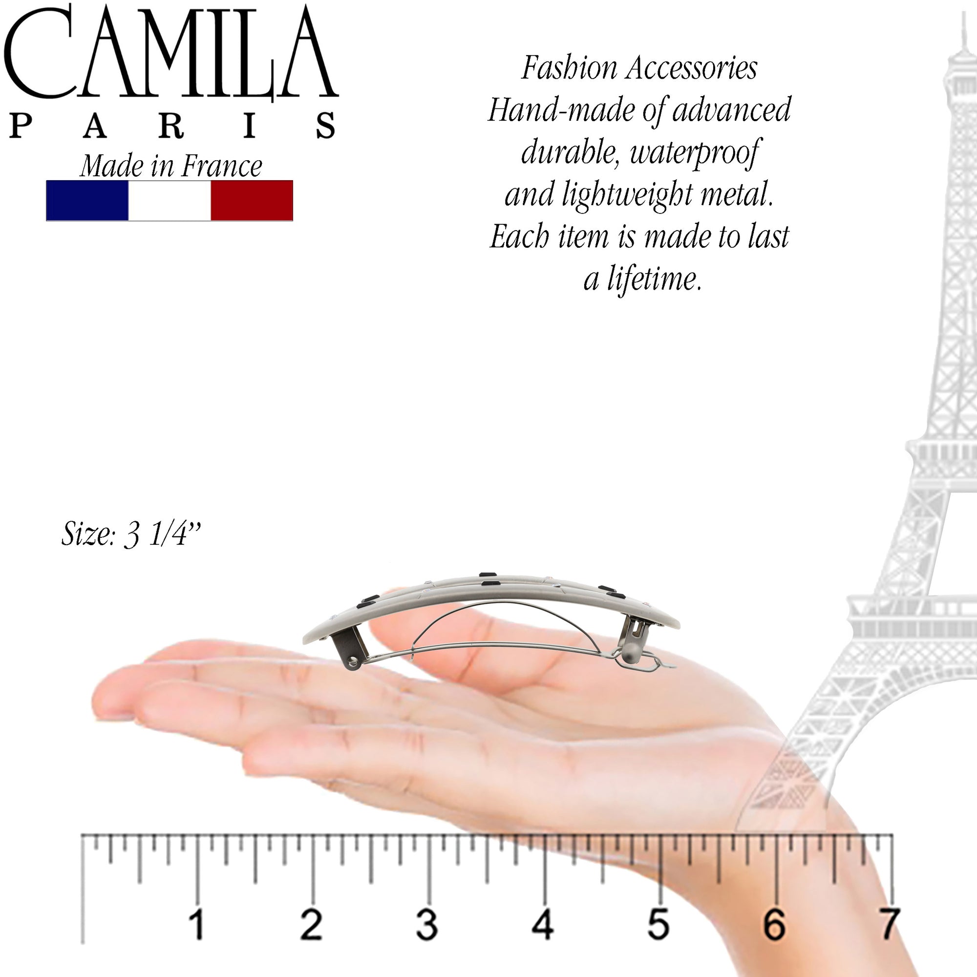 Camila Paris GA250 3.25 Inch Oval Hair Barrette Clip for Girls, Metal Silver, French Hair Accessories for Women, Handmade with Swarovski Crystals Stones. Styling Girls Hair Ornaments. Made in France