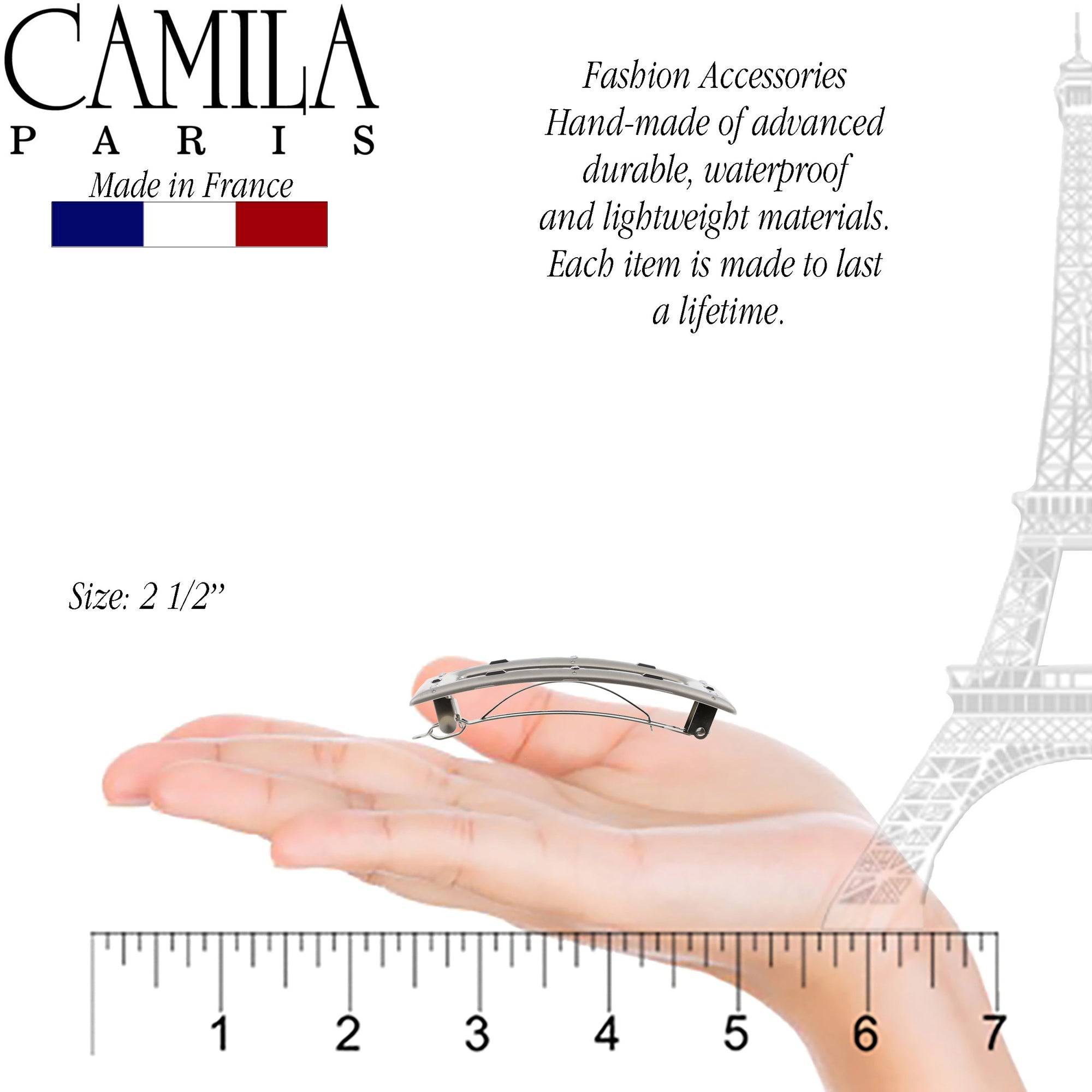Camila Paris GA251 4 Inch Large Skinny Hair Barrette Clip Metal Silver, French Hair Accessories for Women, Handmade with Swarovski Crystals Stones. Styling Girls Hair Ornaments. Made in France