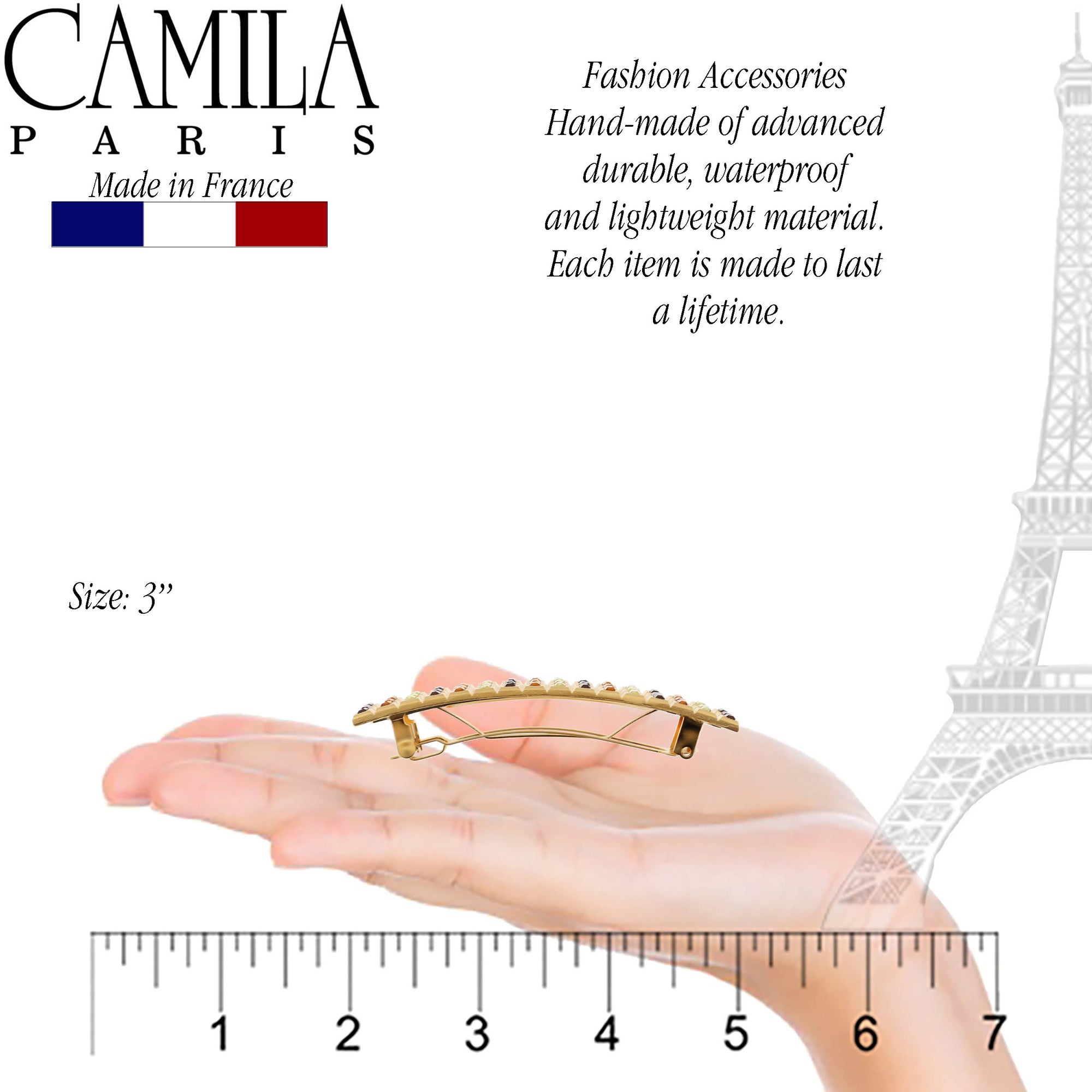 Camila Paris GA259 3 Inch Rectangular Hair Barrette Clip Metal Gold, French Hair Accessories for Women, Handmade with Swarovski Crystals Stones. Styling Girls Hair Ornaments. Made in France