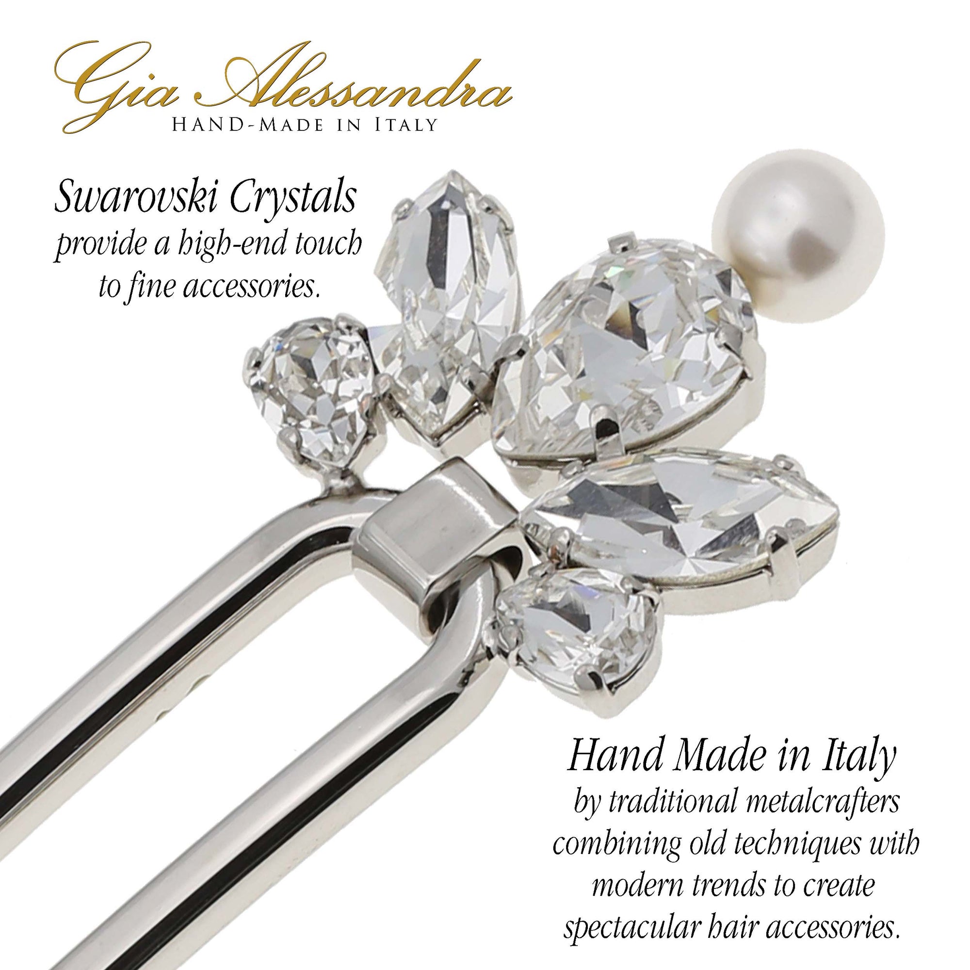 Gia Alessandra GA261 (4.75") Large Italian Handmade Silver French Twist Stick Pins with White Swarovsky Crystals & Pearls