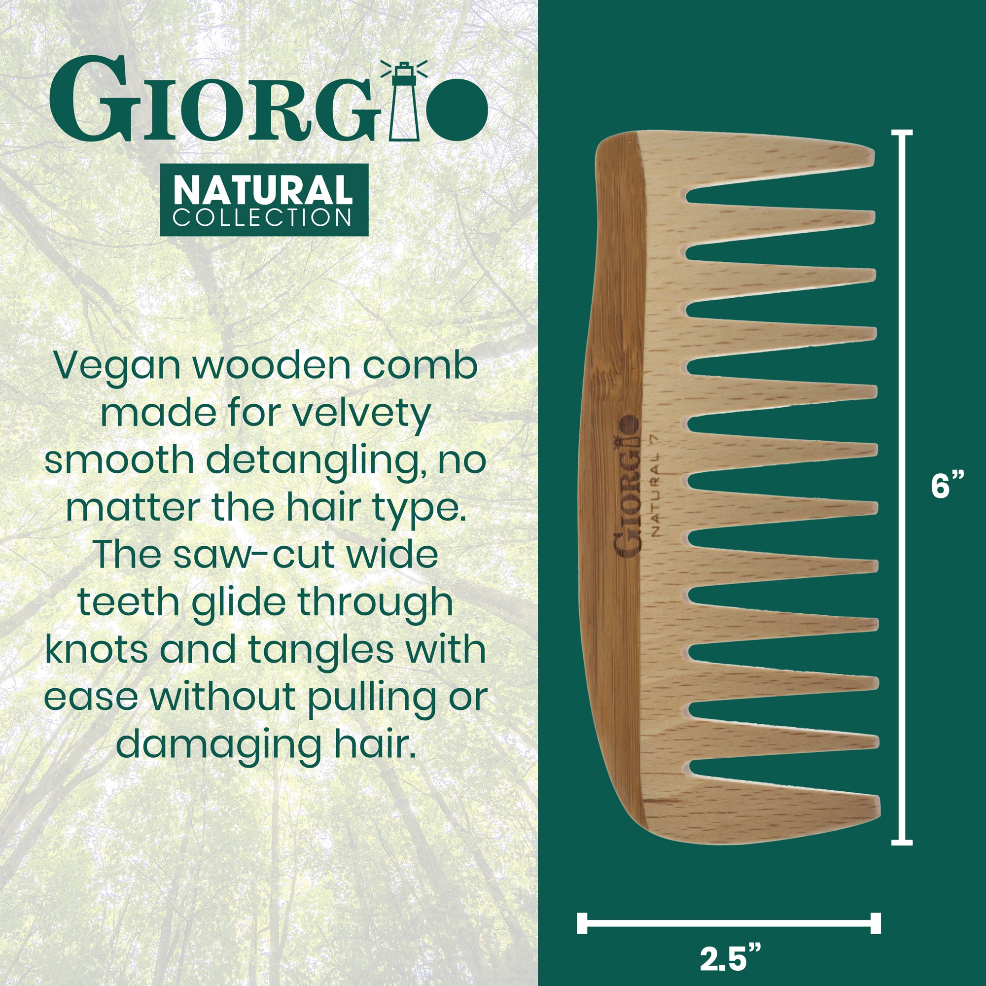 6" Wooden Wide Tooth Detangling Comb