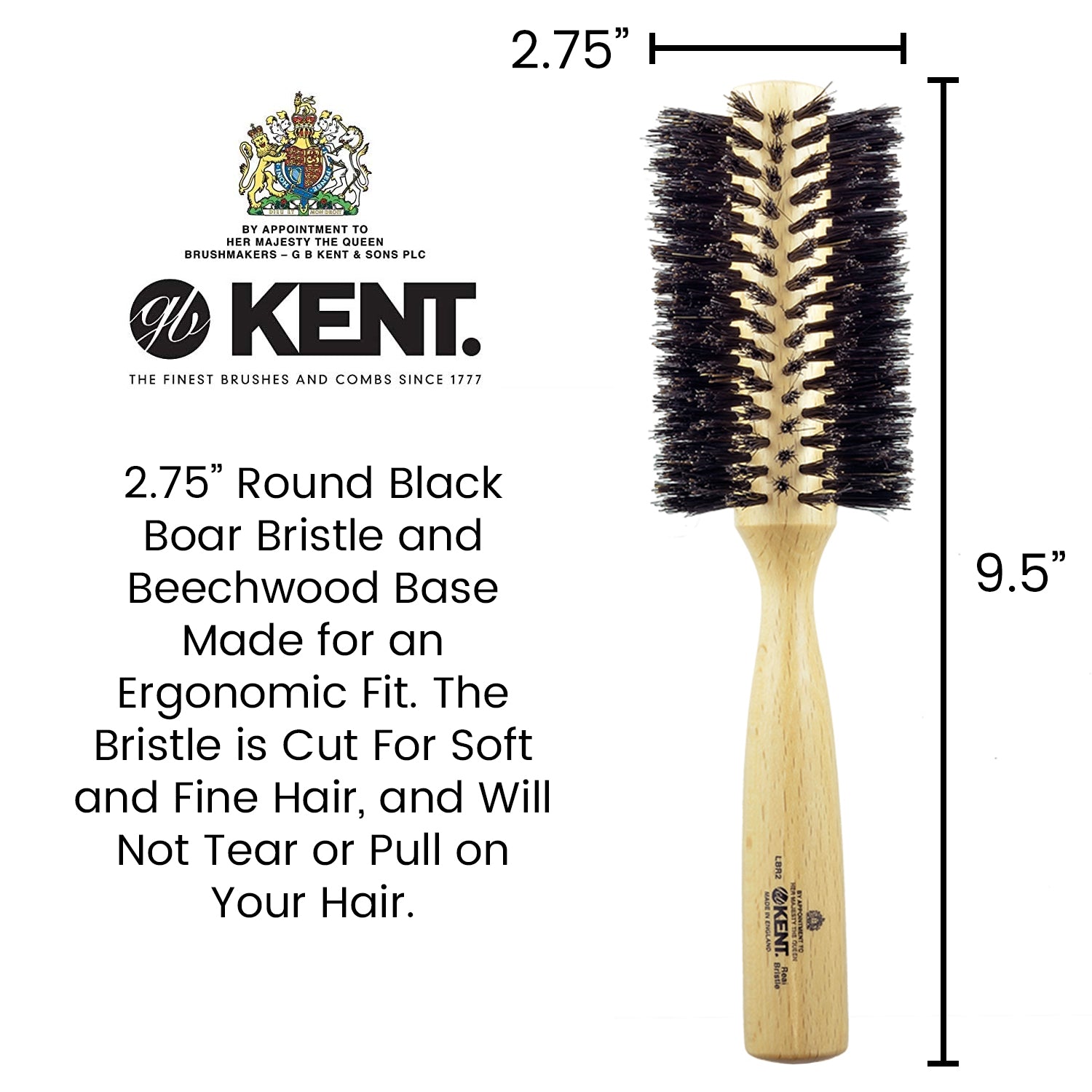 Kent 65mm Medium Spiraled Pure Black Bristle Round Hair Brush