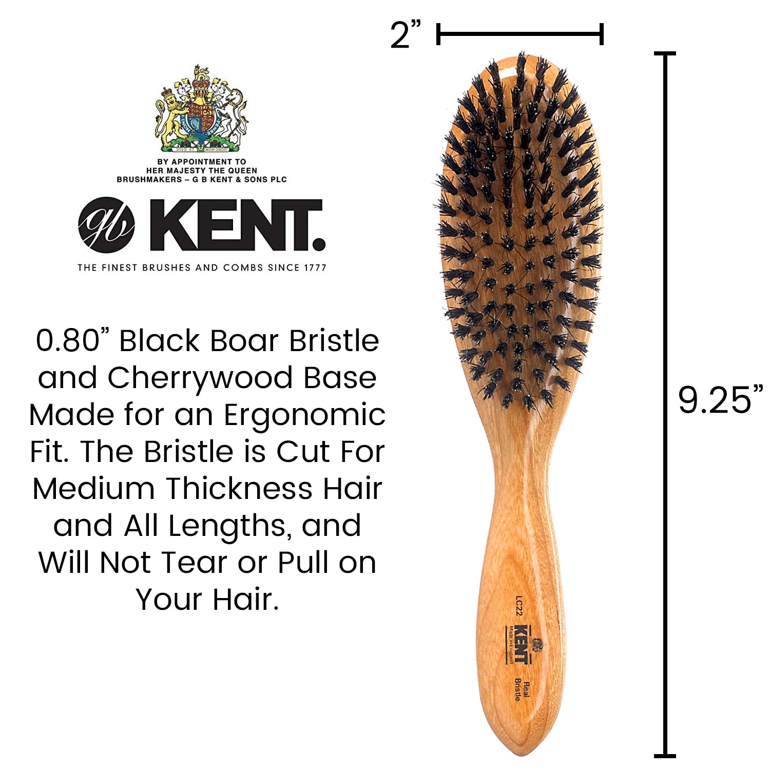 Kent Cherrywood Pure Black Bristle Oval Grooming Hair Brush