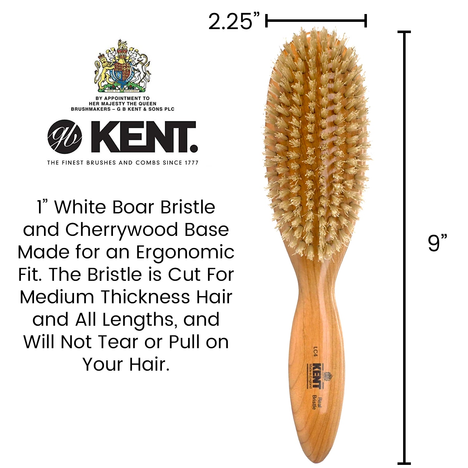 Kent LC4 Cherry Wood Pure White Bristle Oval Smoothing Hair Brush
