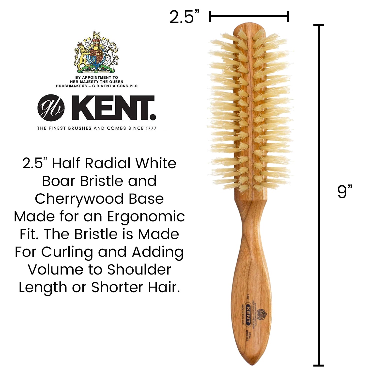 Kent LC7 65mm Half Round Cherry Wood White Bristle Hair Brush