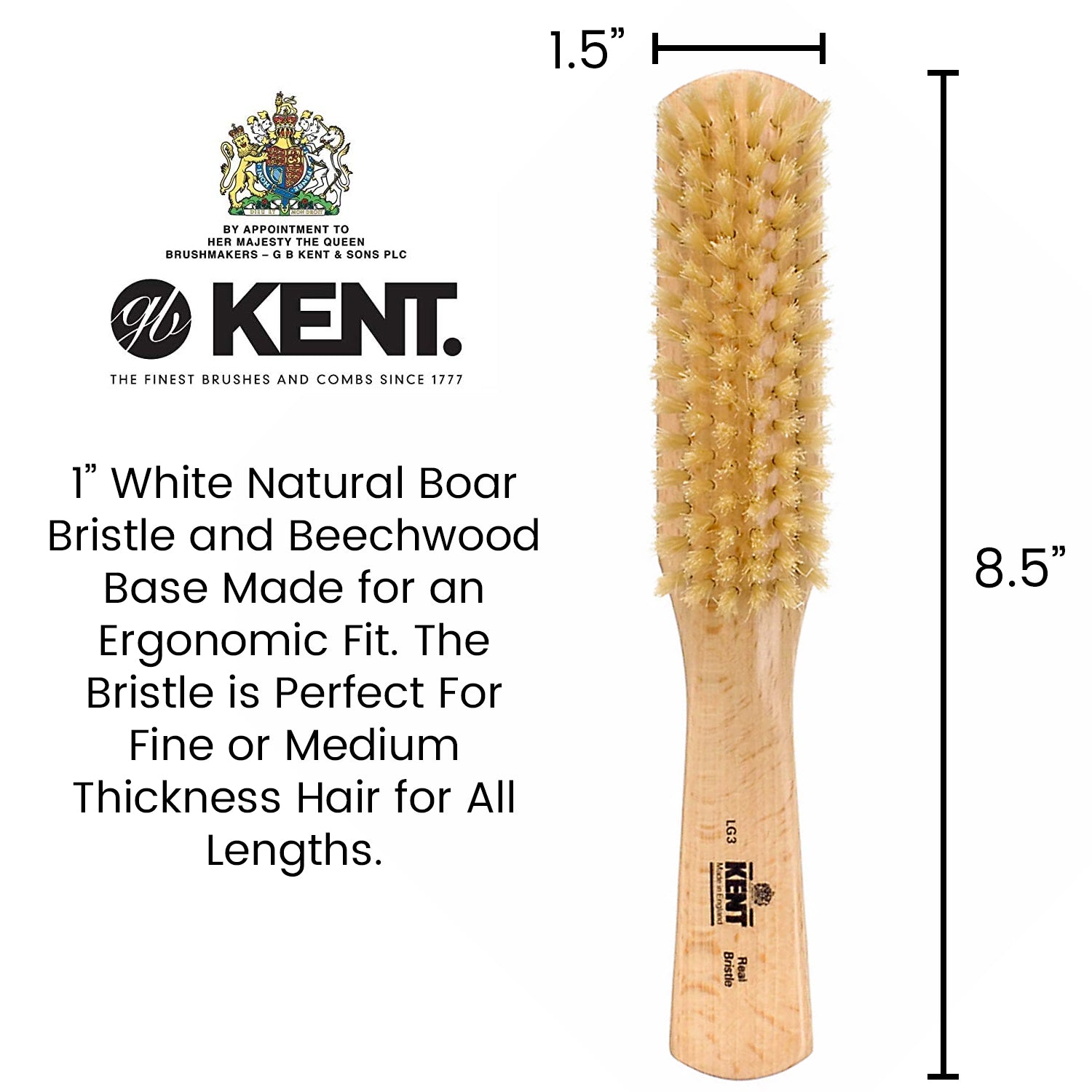 Kent LG3 Beech Wood Pure White Bristle Flat Narrow Hair Brush