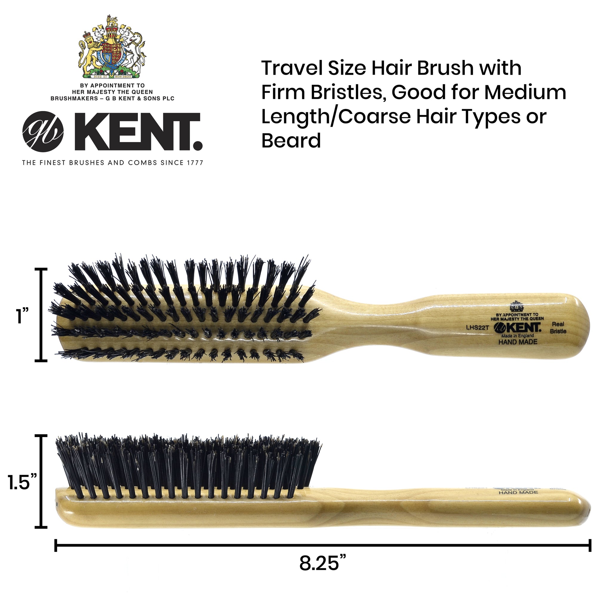 Kent LHS22T Handmade Satin Wood, Pure Black Bristle Hair Brush