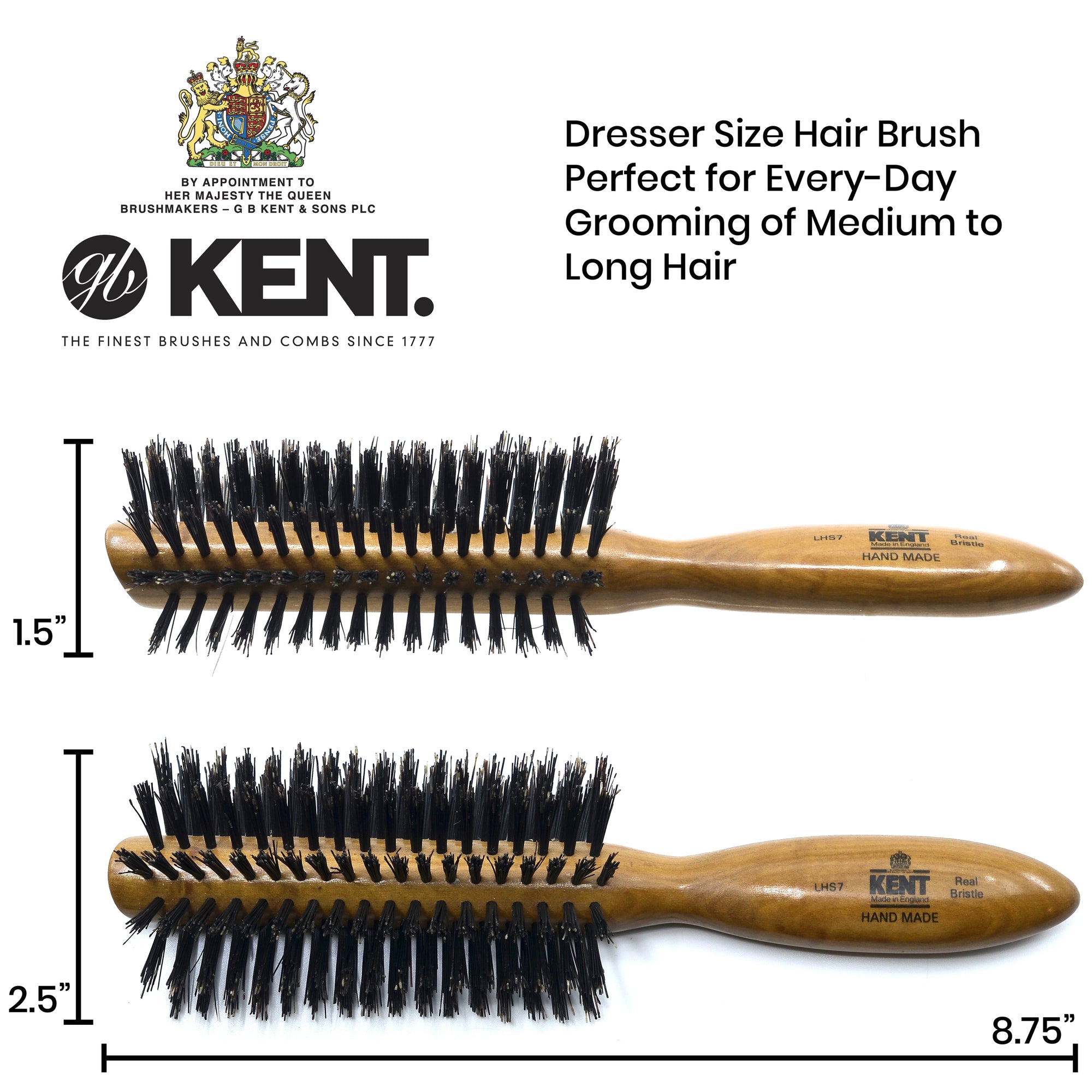 Kent LHS7 Handmade Half Radial, Satin Wood Pure Bristle Hair Brush