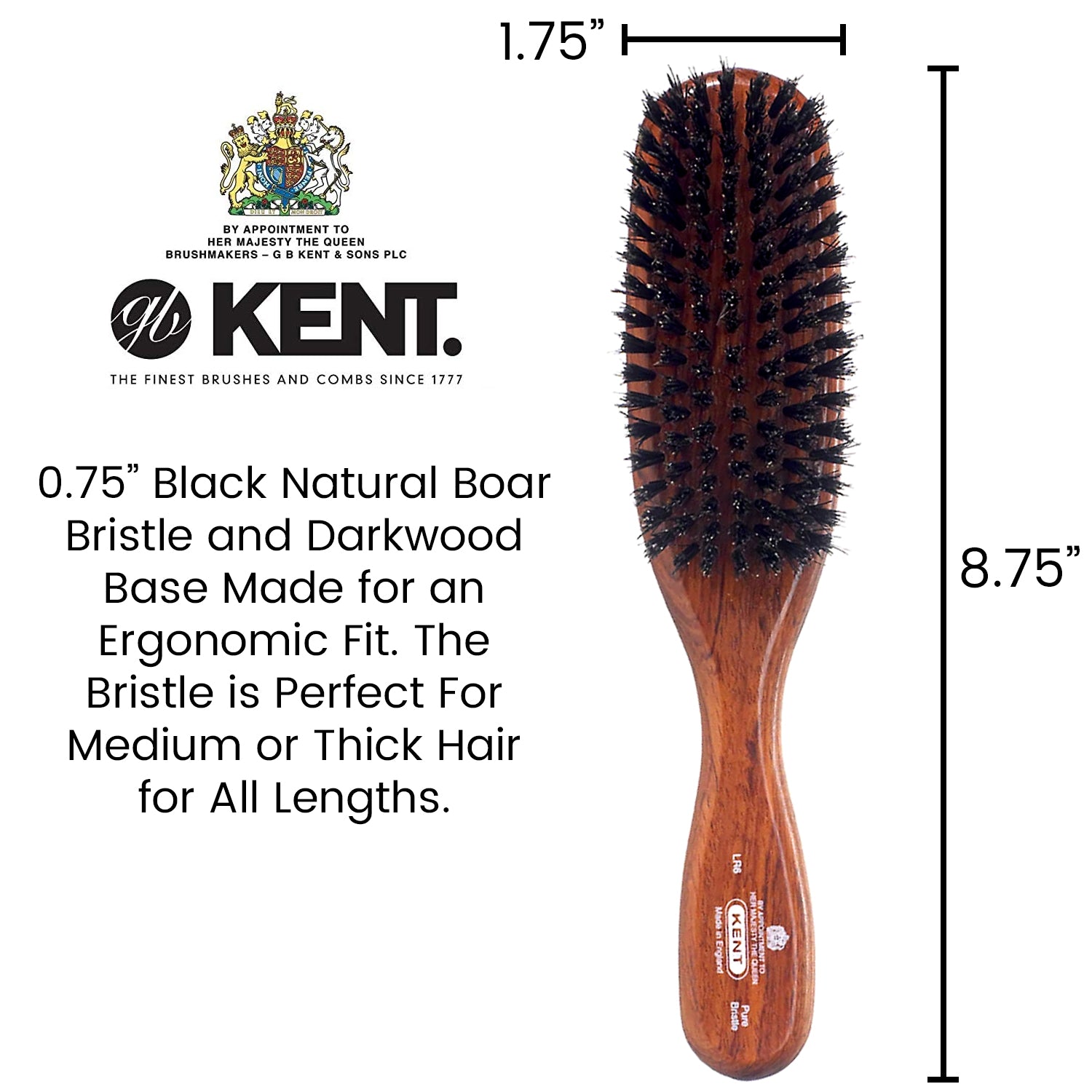 Kent LR6 Dark Wood Pure Black Natural Bristle Narrow Hair Brush