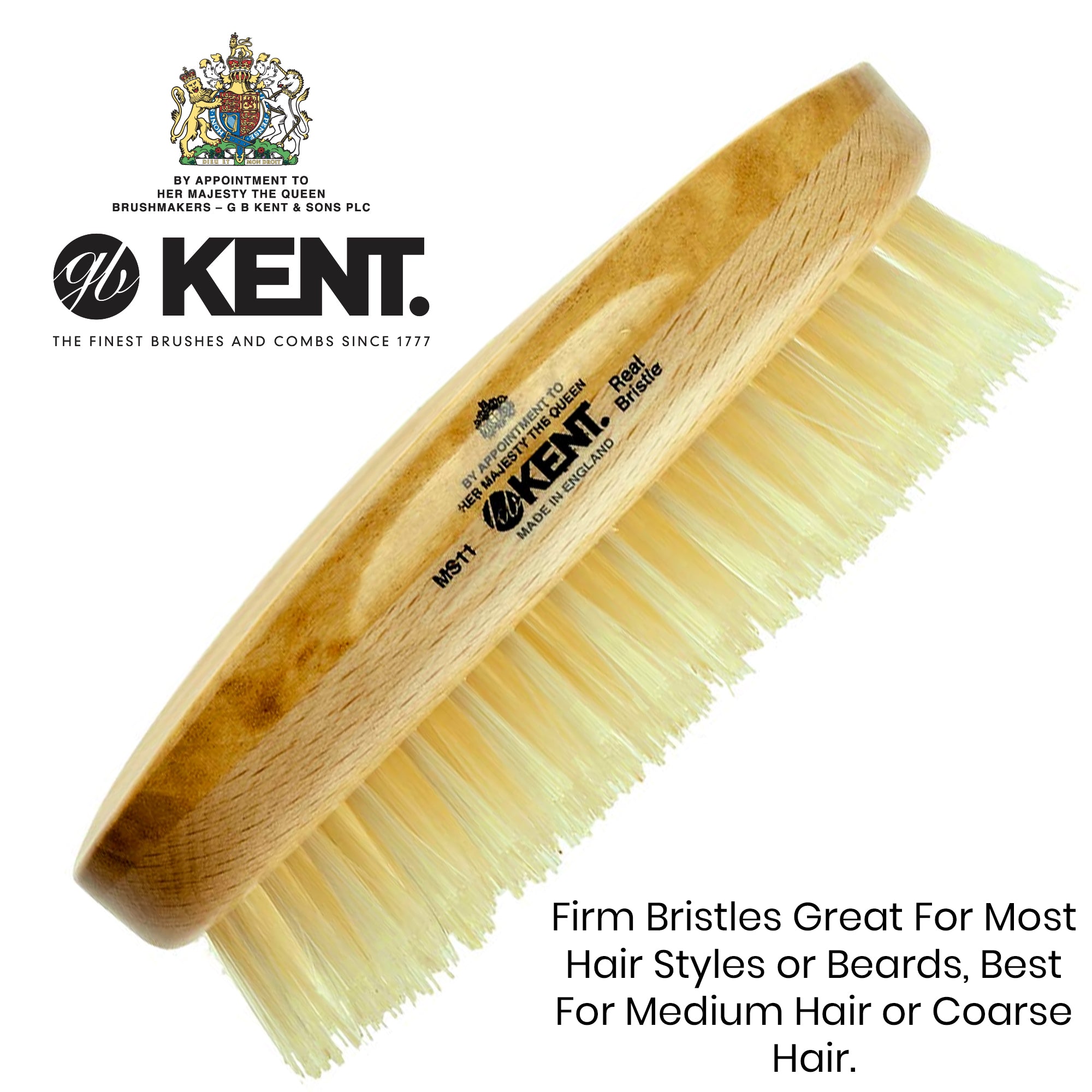 Kent MS11 Oval Men Military Hair Brush. 100% Pure White Bristle