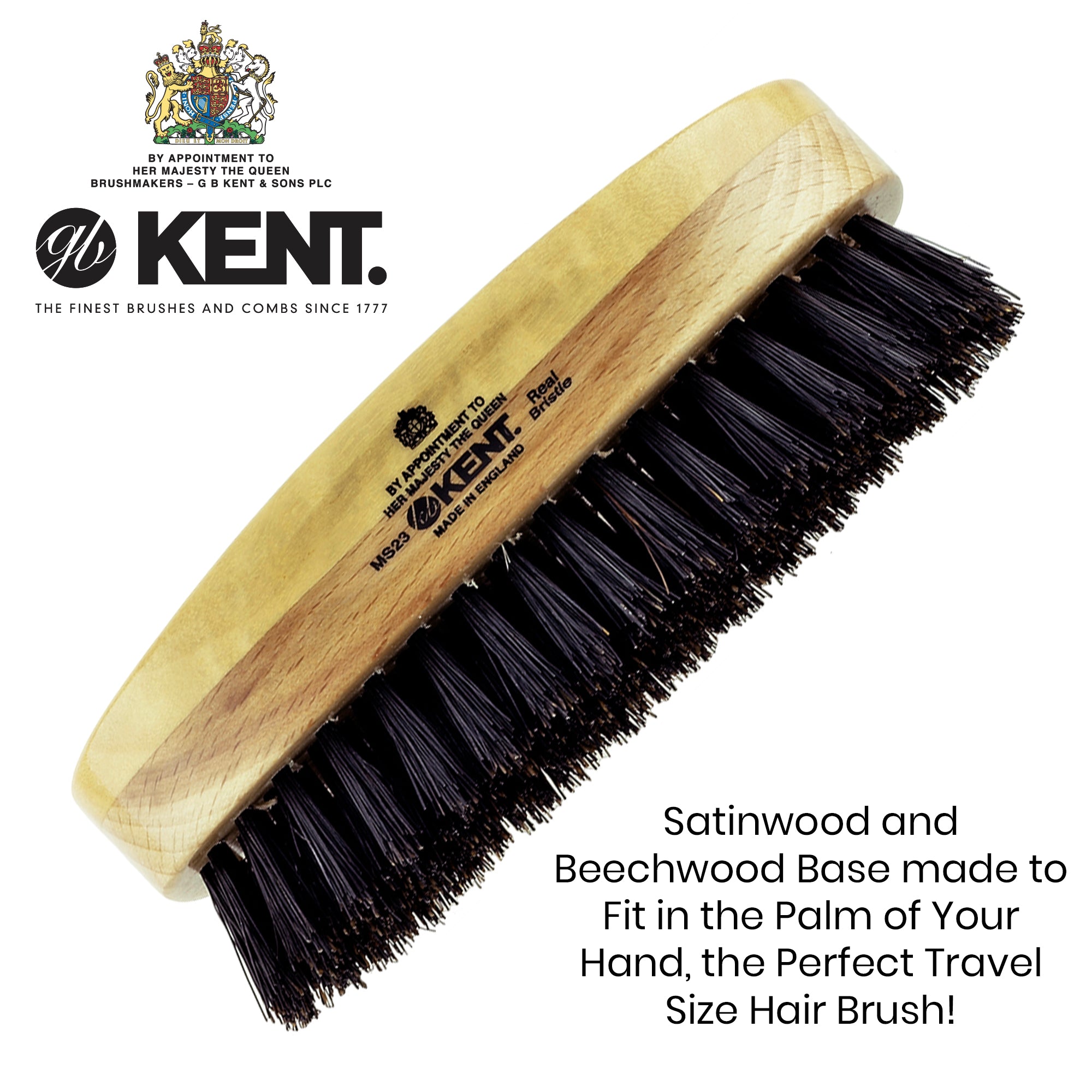 Kent MS23 Men's Rectangular Military Hair Brush. Pure Black Bristles
